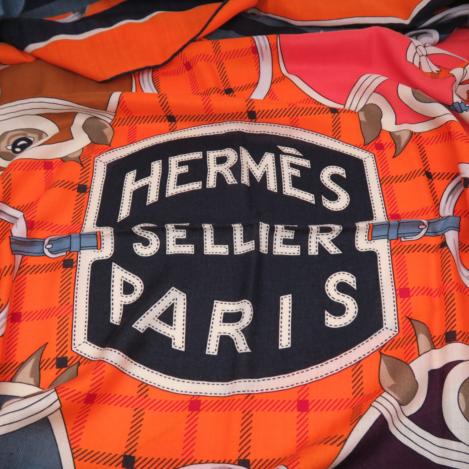 HERMES 羊絨/絲質Scarf 140x140絲巾橙色/白色