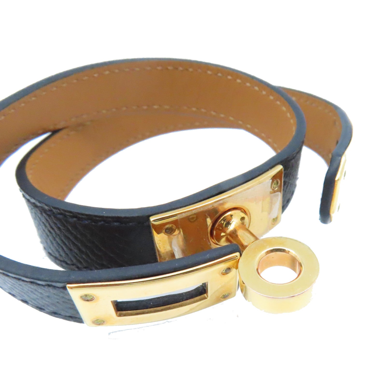 HERMES Epsom皮革Double Tour Bracelet金扣手環黑色