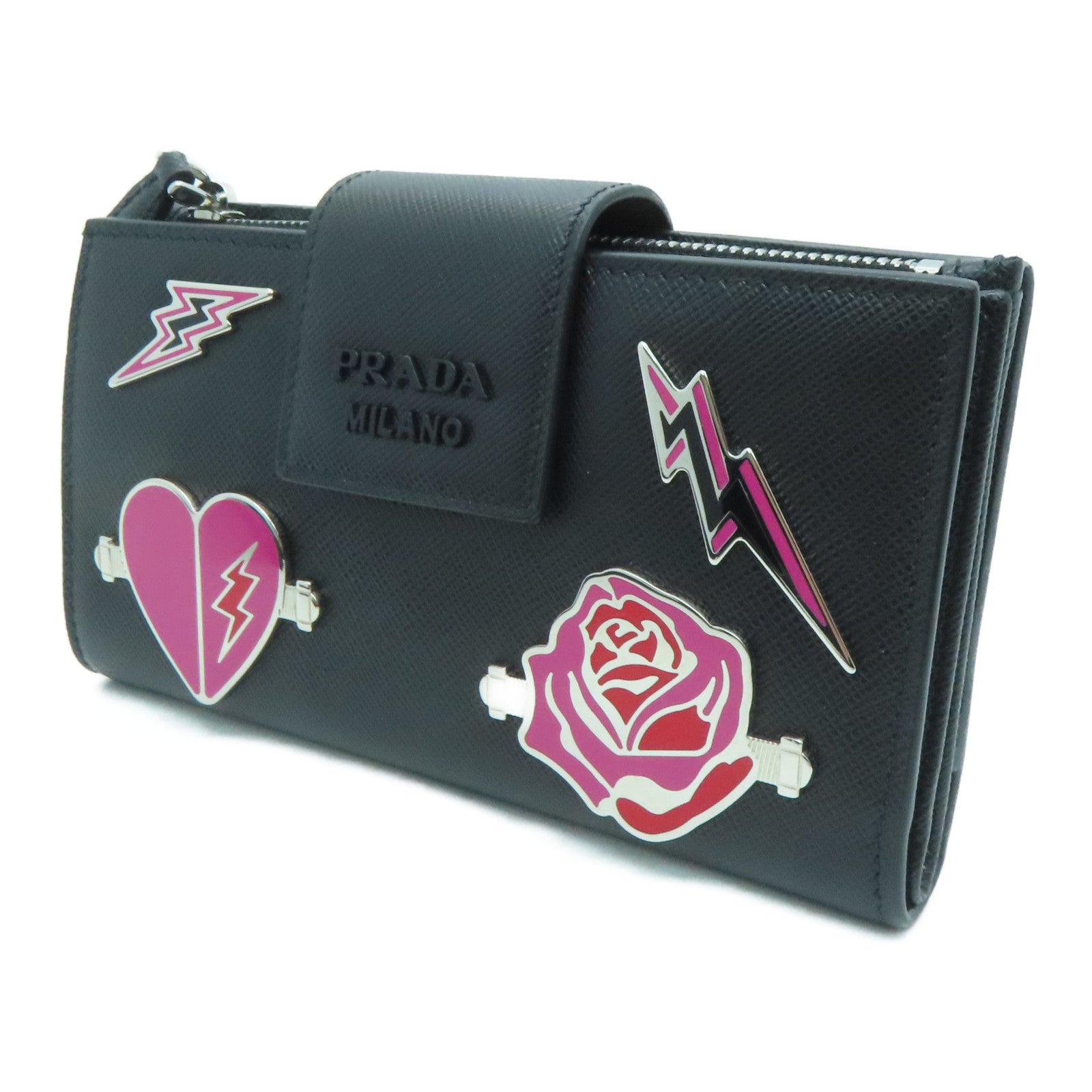 PRADA Saffiano牛皮皮革Wallet银扣钱包黑色
