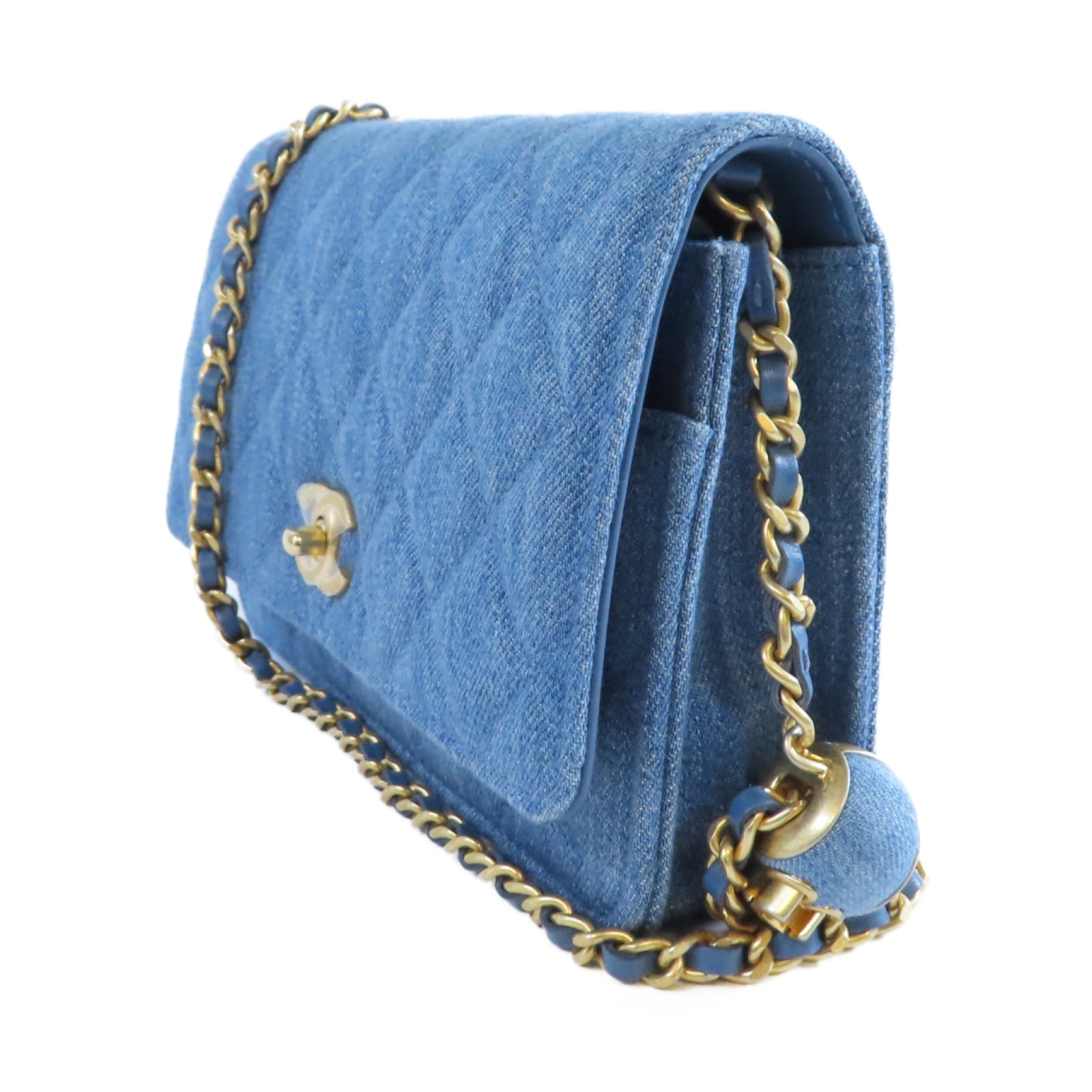 CHANEL 牛仔布Wallet On Chain金扣鏈帶肩背袋藍色