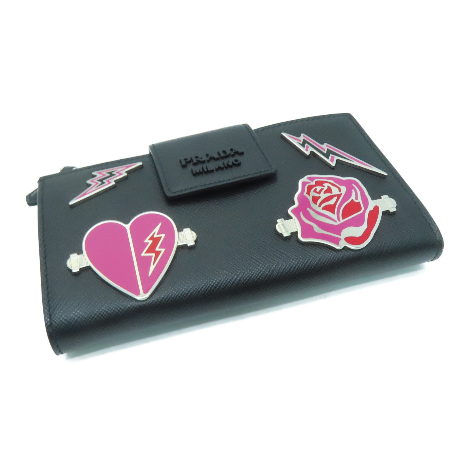 PRADA Saffiano牛皮皮革Wallet银扣钱包黑色