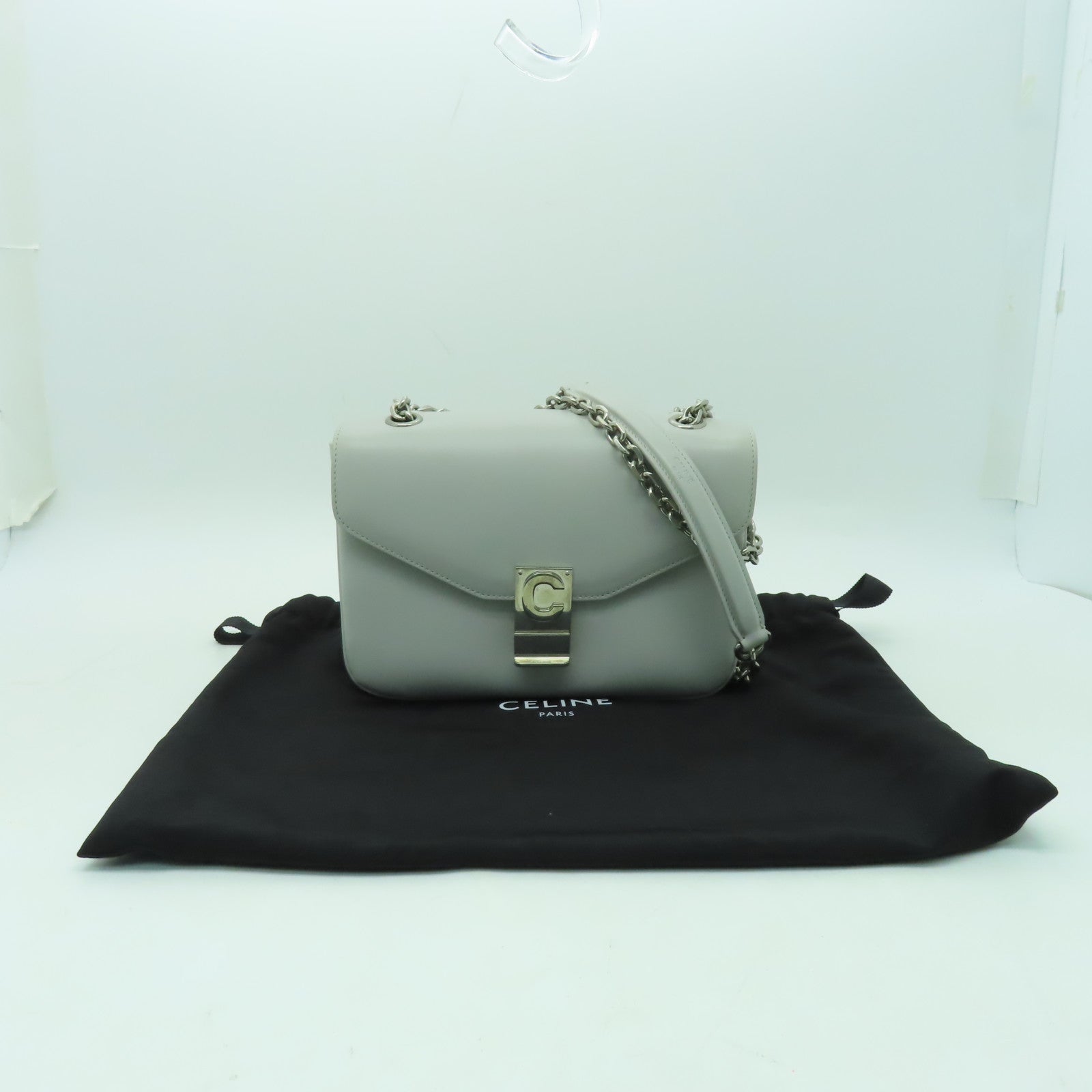 CELINE 牛皮皮革Medium C銀扣鏈帶肩背袋灰色