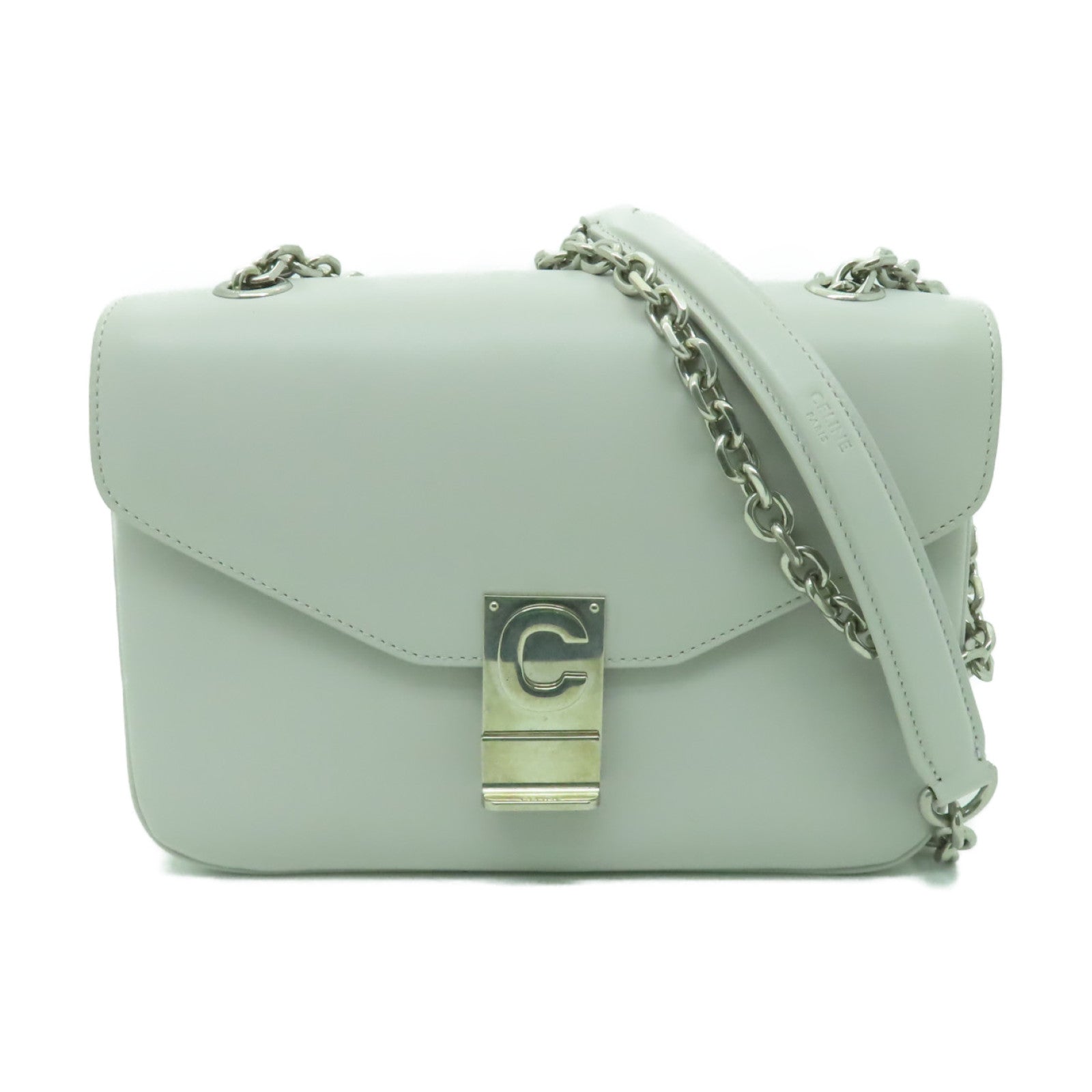 CELINE 牛皮皮革Medium C銀扣鏈帶肩背袋灰色