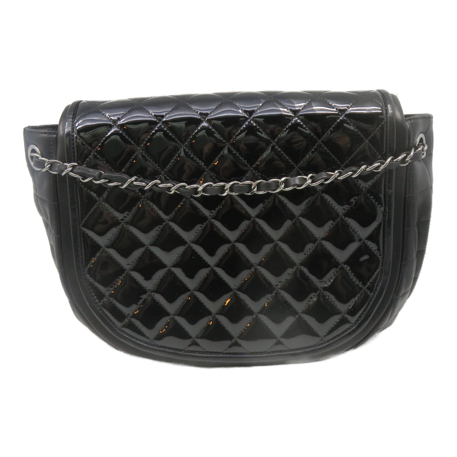 CHANEL 菱格牛皮皮革/漆皮皮革Chain Shoulder银扣链带肩背袋黑色