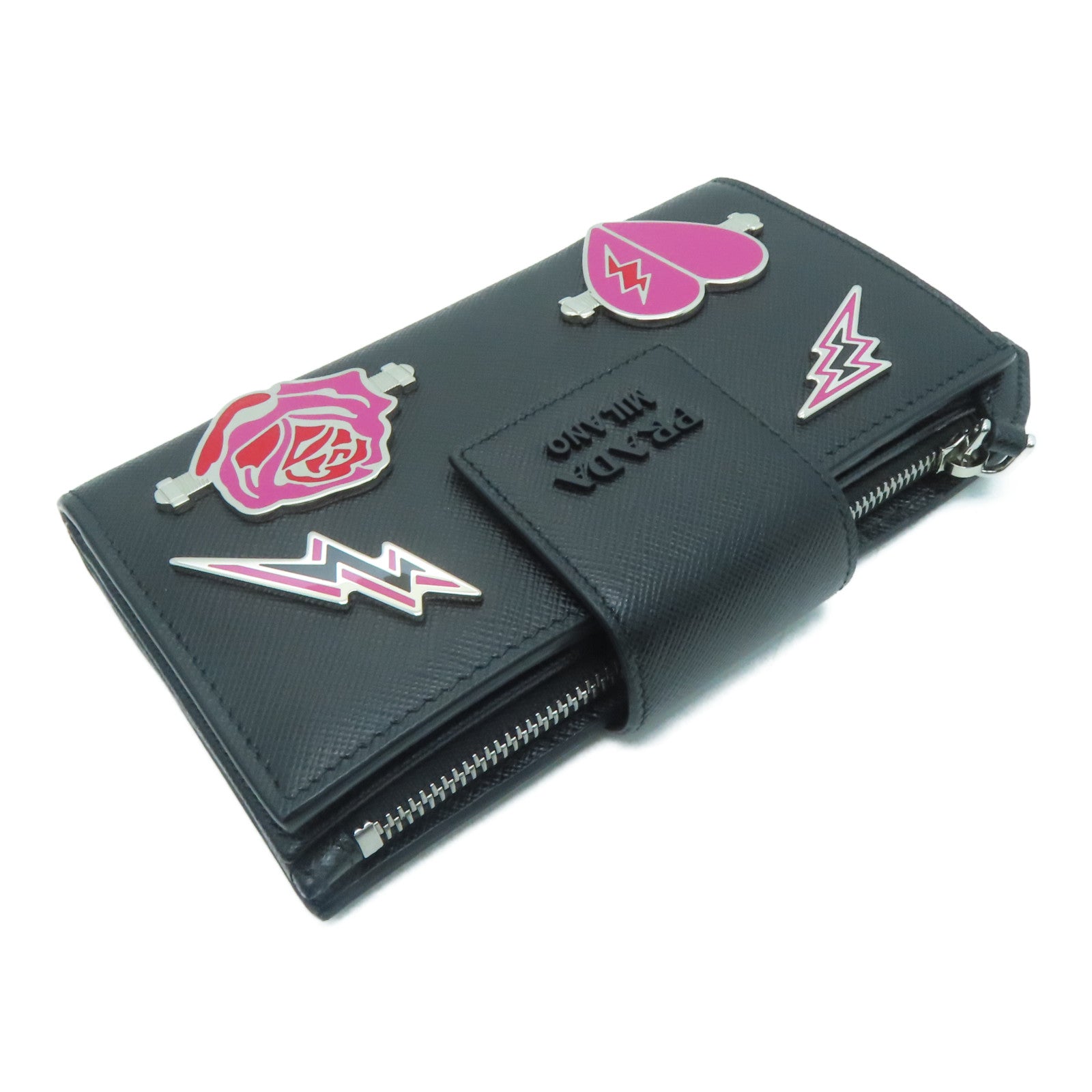 PRADA Saffiano牛皮皮革Wallet银扣钱包黑色