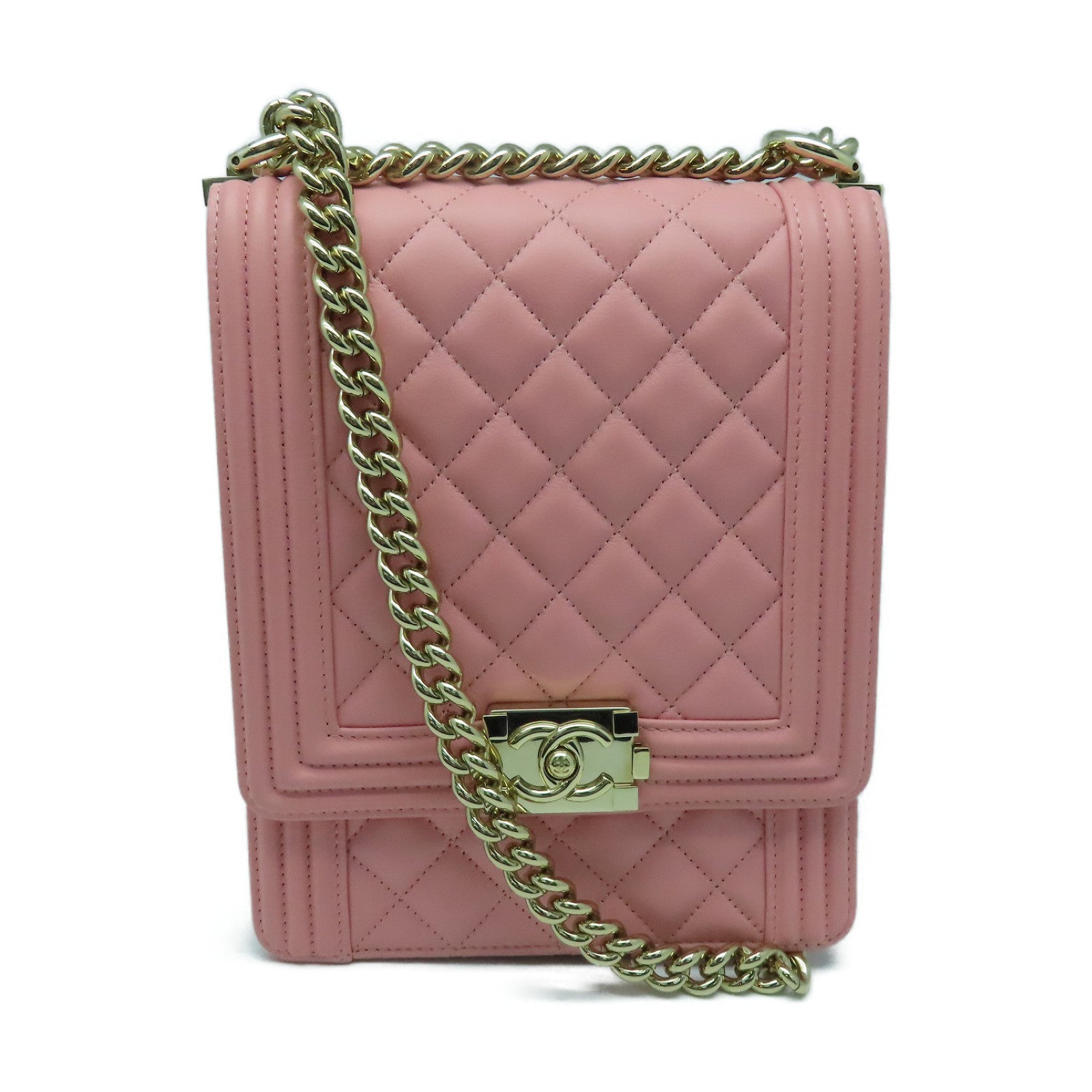 CHANEL 菱格羊皮皮革Boy Chain Shoulder Bag金扣链肩背袋粉红色