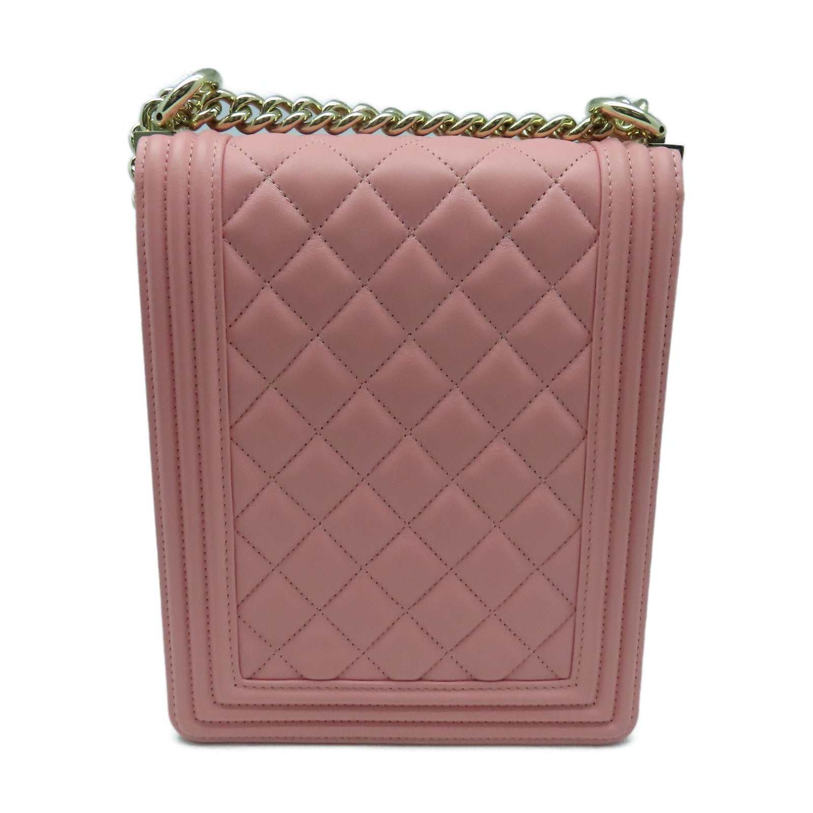 CHANEL 菱格羊皮皮革Boy Chain Shoulder Bag金扣链肩背袋粉红色
