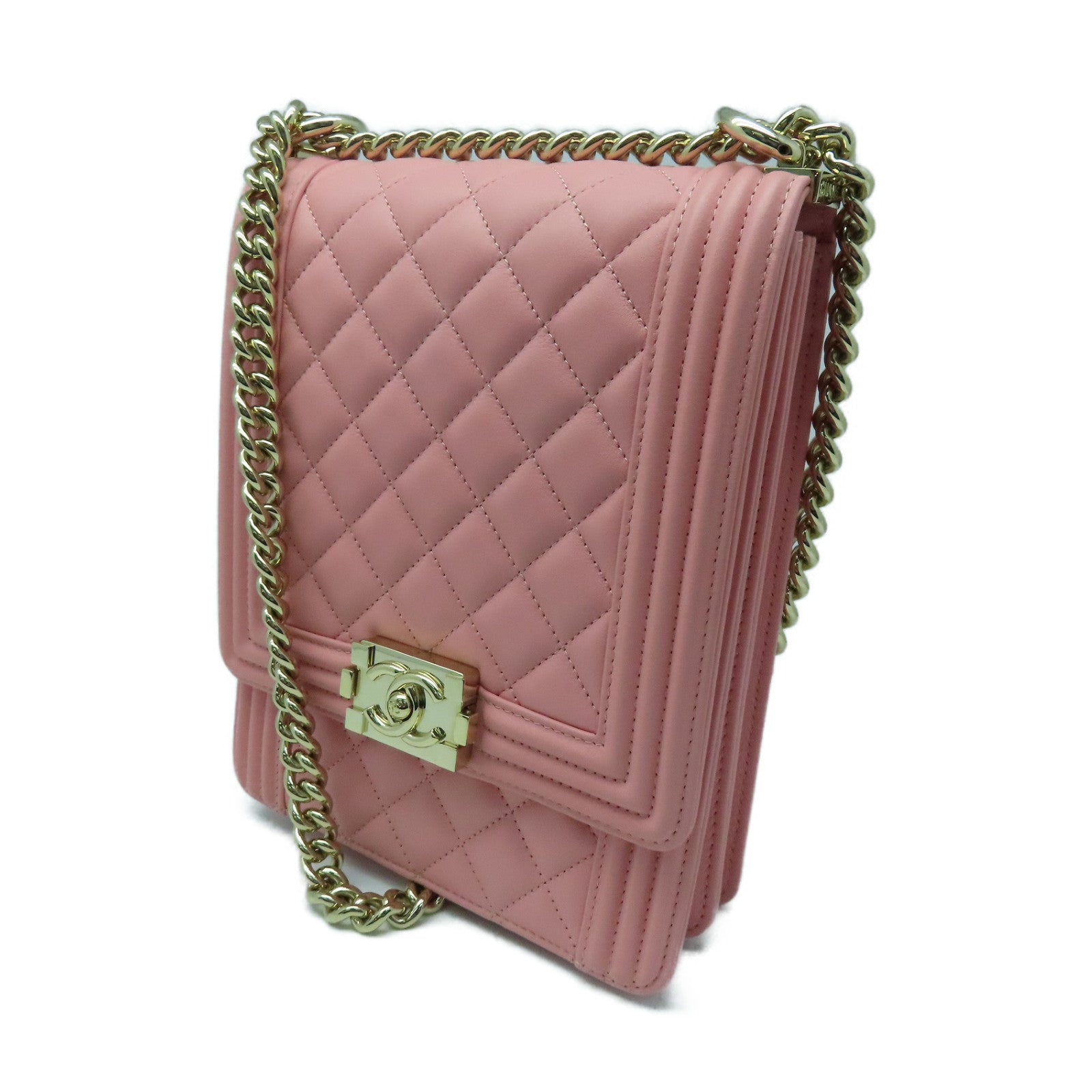 CHANEL 菱格羊皮皮革Boy Chain Shoulder Bag金扣链肩背袋粉红色