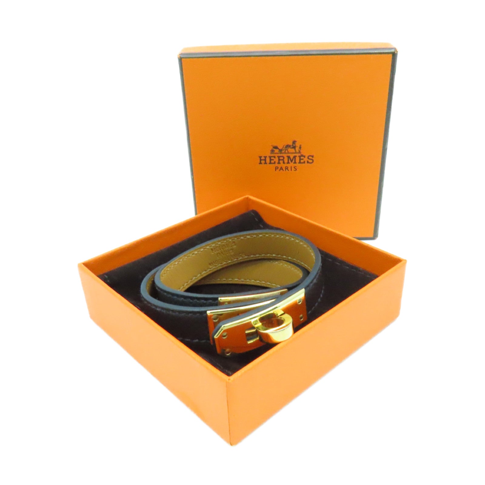 HERMES Epsom皮革Double Tour Bracelet金扣手環黑色