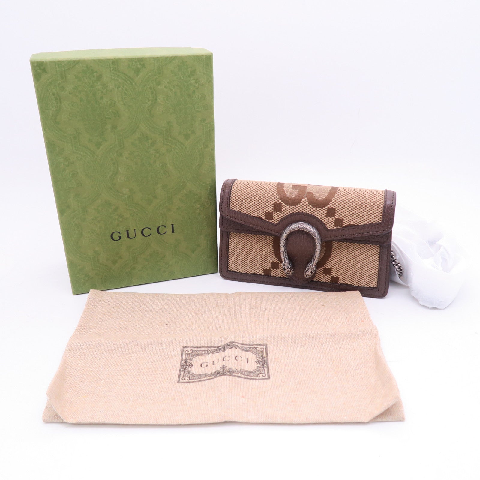 GUCCI 【激減優惠】帆布Dionysus Supreme Super Mini銀扣鏈帶肩背袋啡色