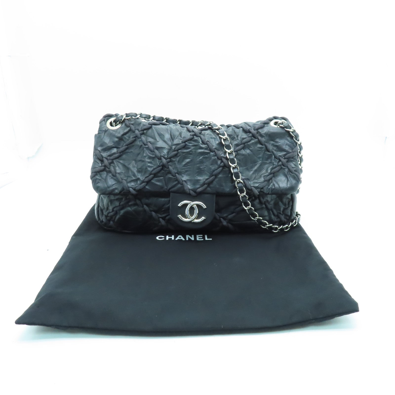CHANEL 【激減優惠】菱格牛皮皮革Chain Shoulder銀扣鏈帶肩背袋黑色