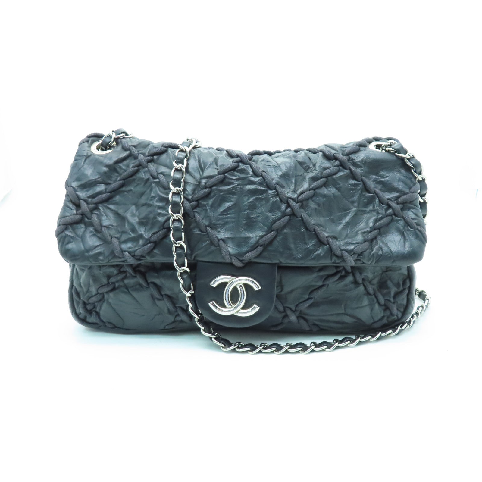 CHANEL 【激減優惠】菱格牛皮皮革Chain Shoulder銀扣鏈帶肩背袋黑色