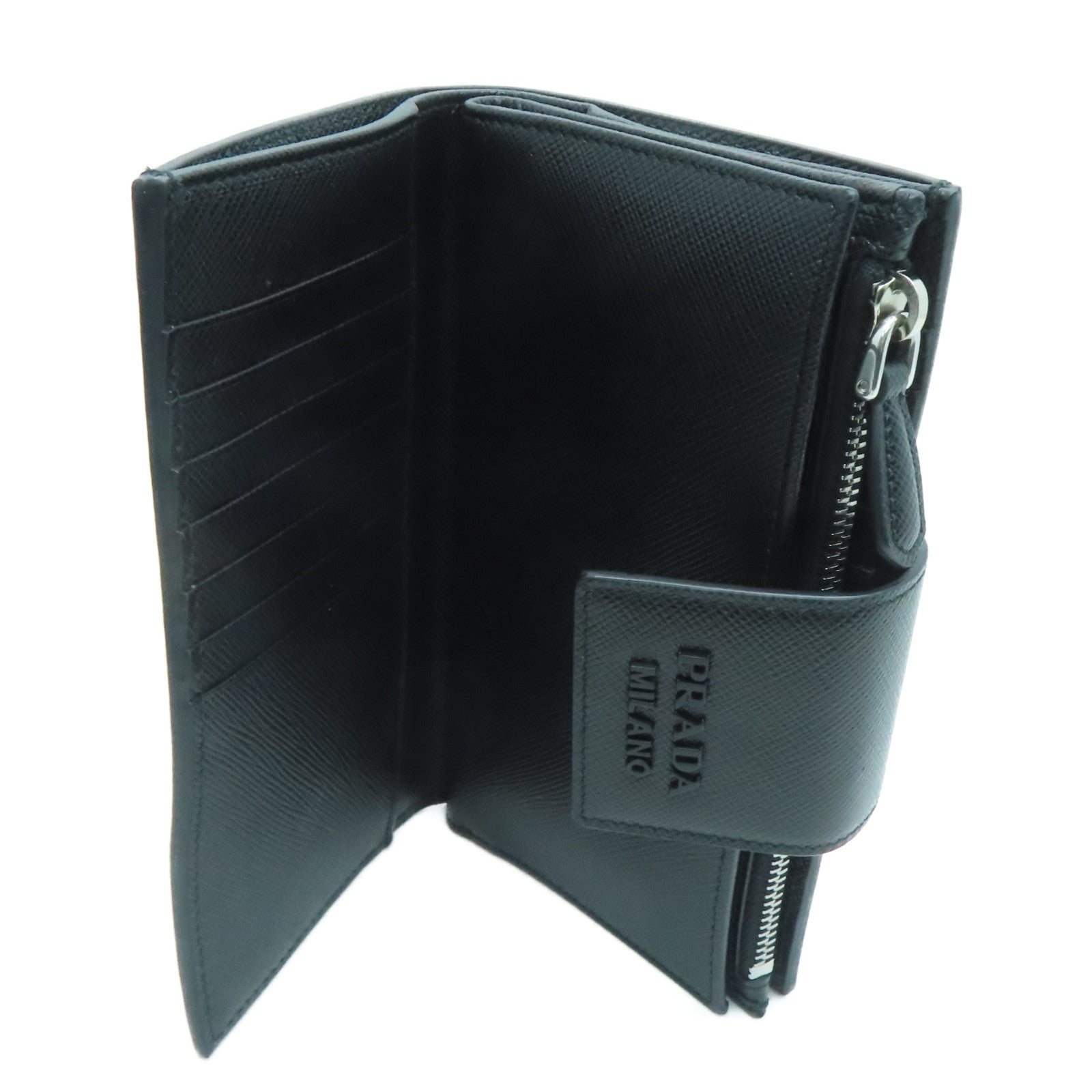PRADA Saffiano牛皮皮革Wallet银扣钱包黑色