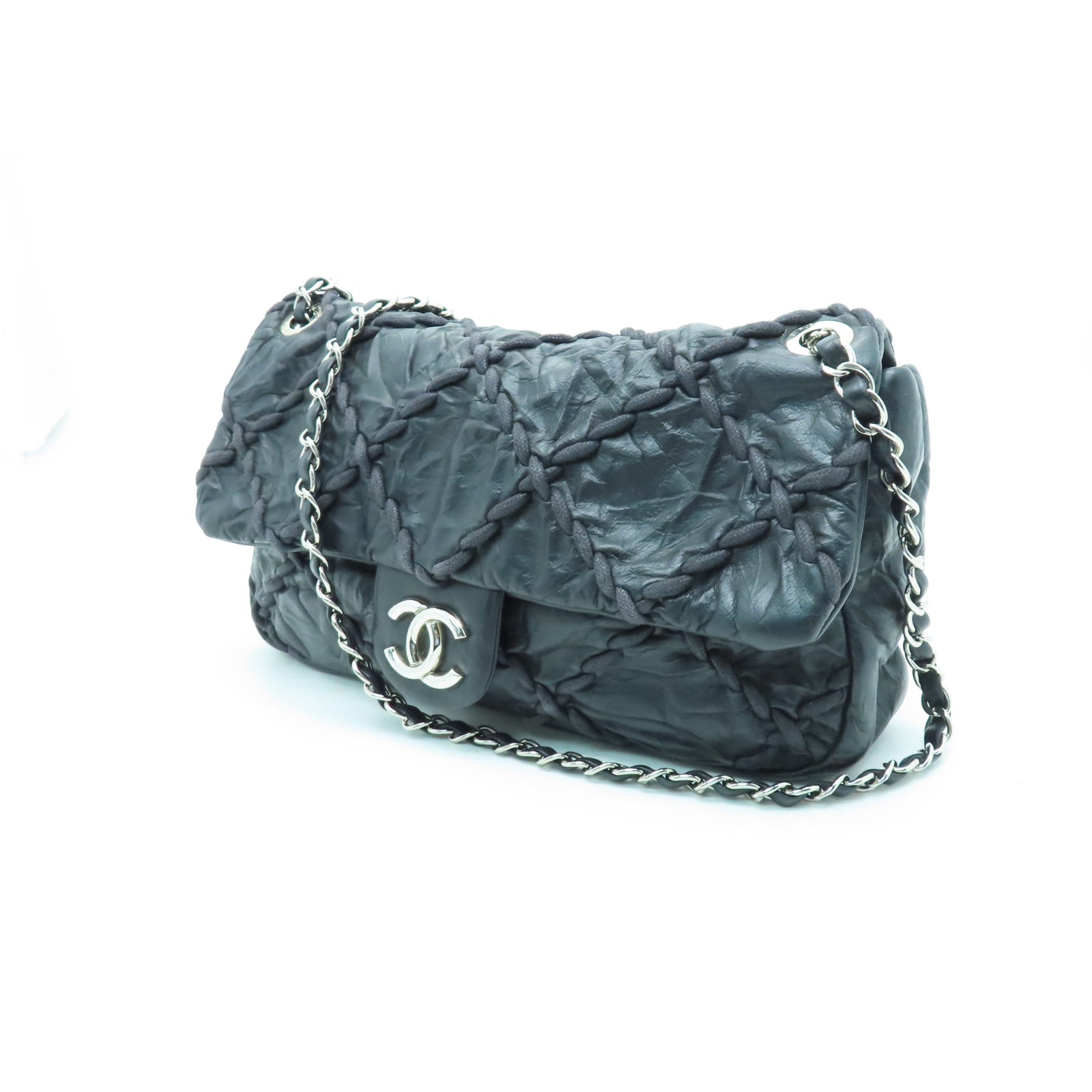 CHANEL 【激減優惠】菱格牛皮皮革Chain Shoulder銀扣鏈帶肩背袋黑色