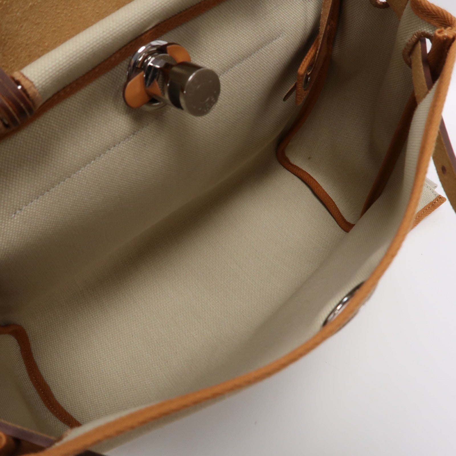HERMES 帆布Herbag PM銀扣手挽肩背兩用袋冰川白色/啡色
