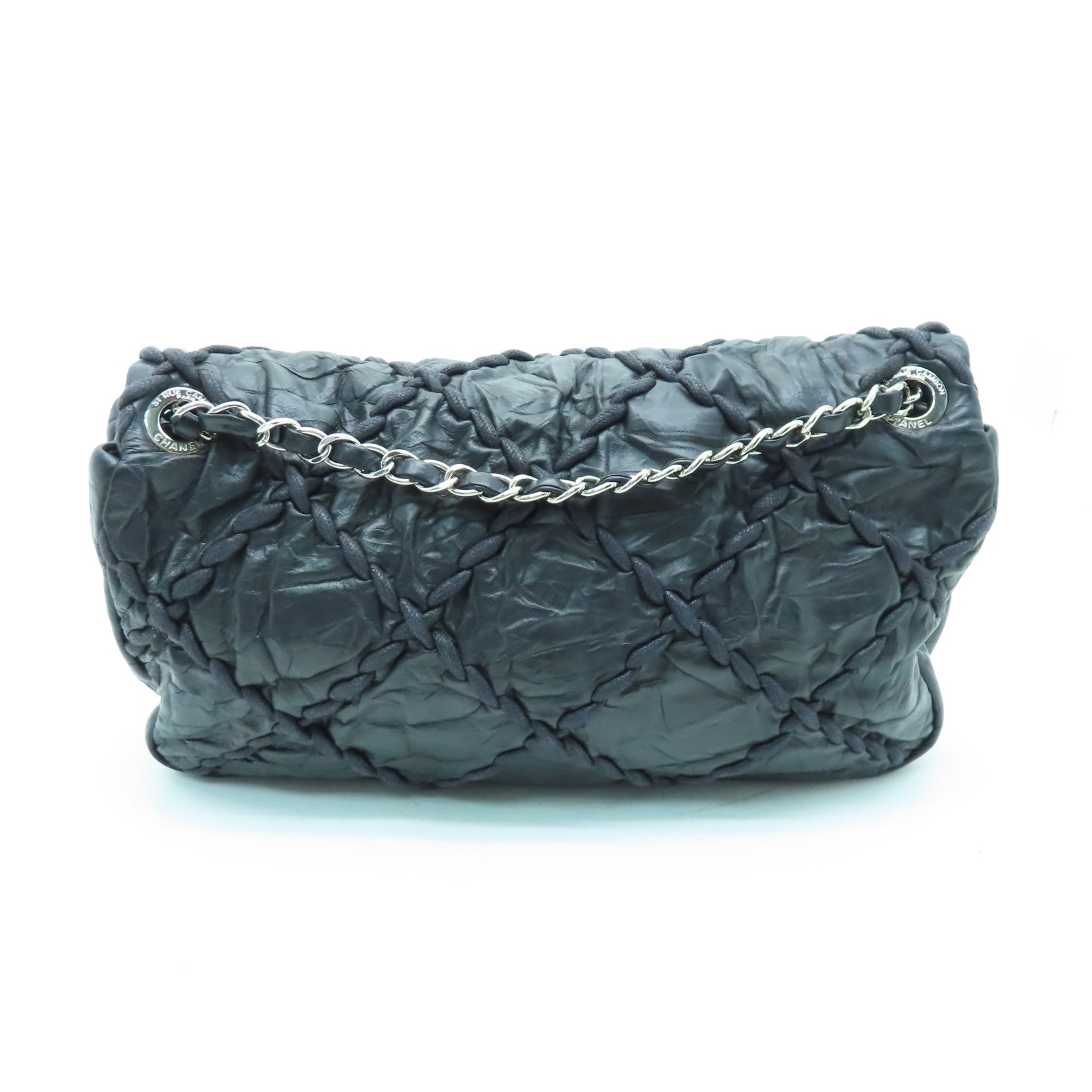 CHANEL 【激減優惠】菱格牛皮皮革Chain Shoulder銀扣鏈帶肩背袋黑色