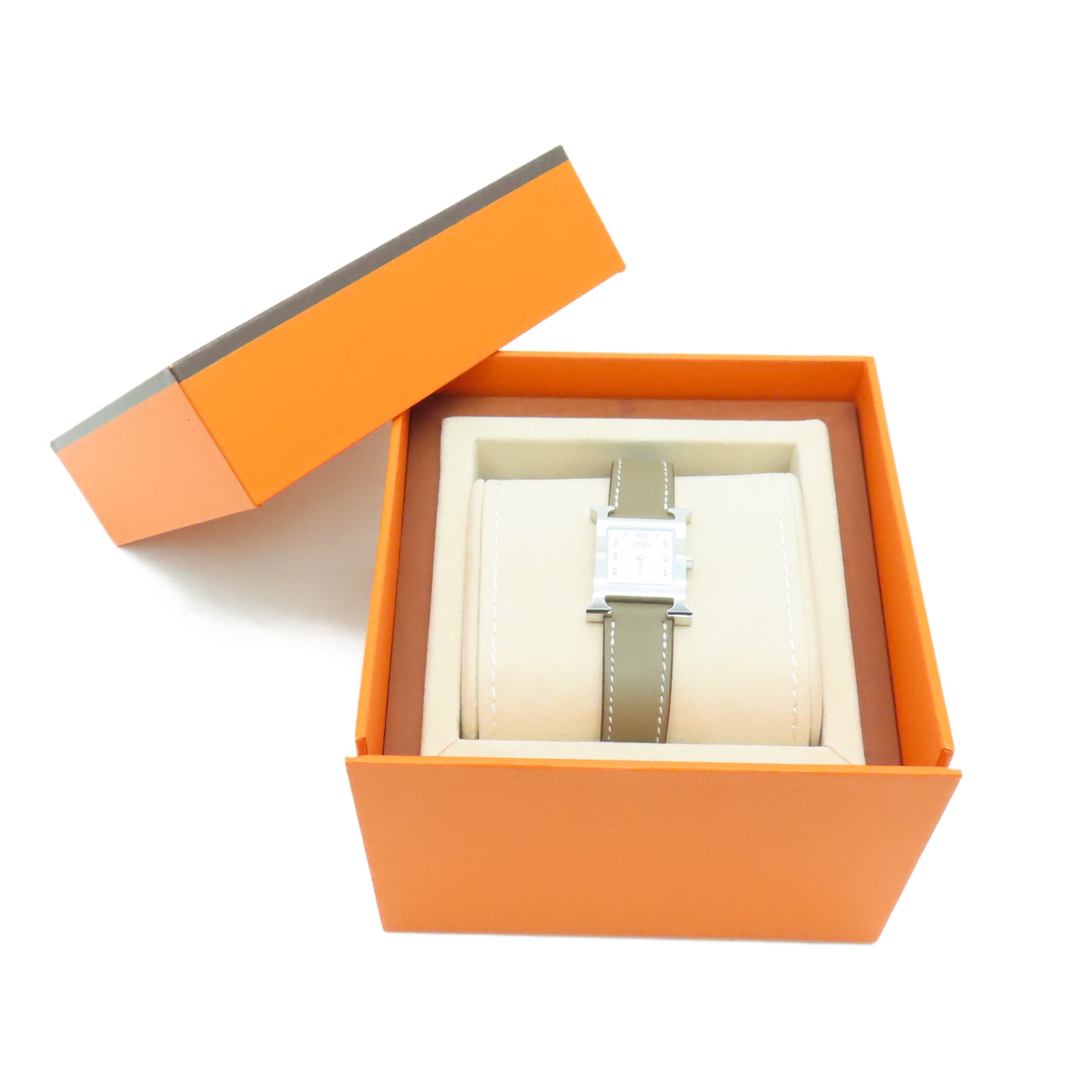 HERMES Heure H Watch Swift皮革/不锈钢手表石英机芯白色