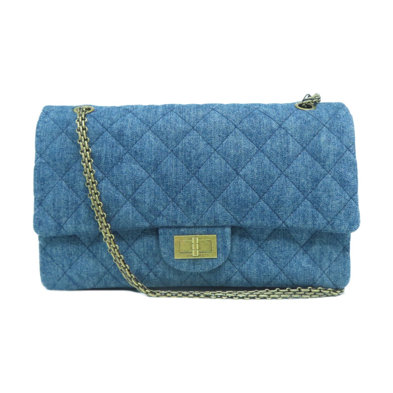 CHANEL 菱格牛仔布2.55金扣鏈帶肩背袋藍色