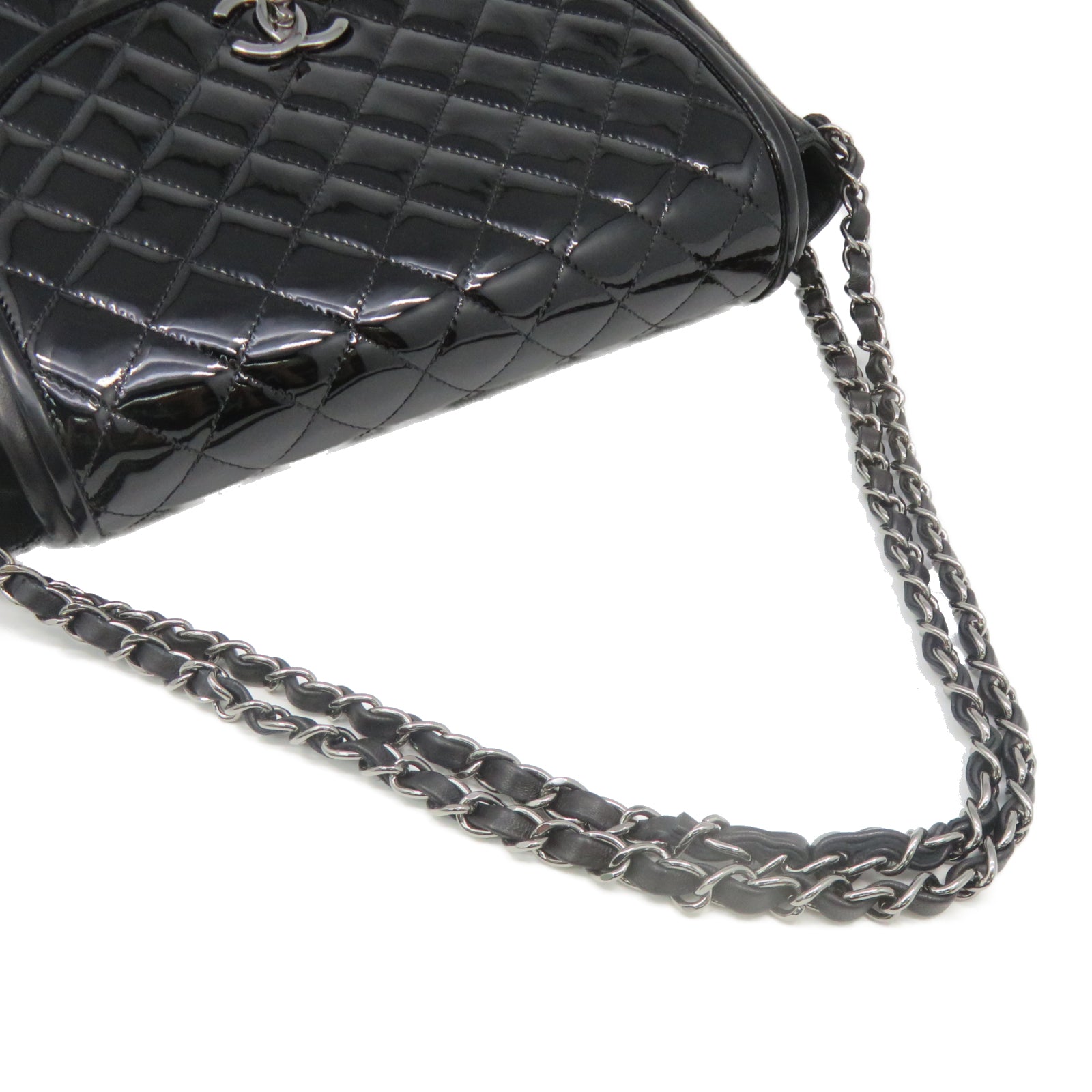 CHANEL 菱格牛皮皮革/漆皮皮革Chain Shoulder银扣链带肩背袋黑色