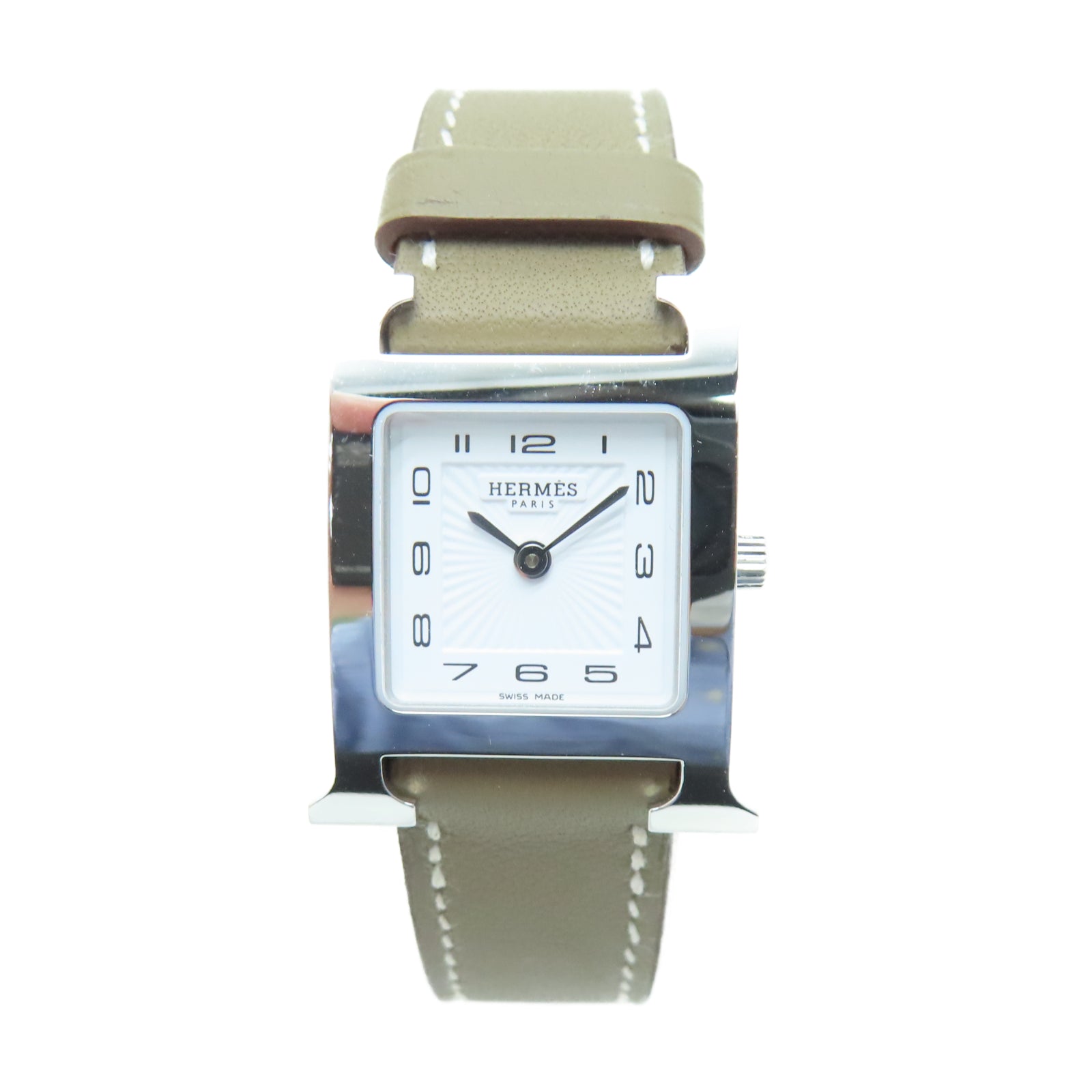 HERMES Heure H Watch Swift皮革/不锈钢手表石英机芯白色