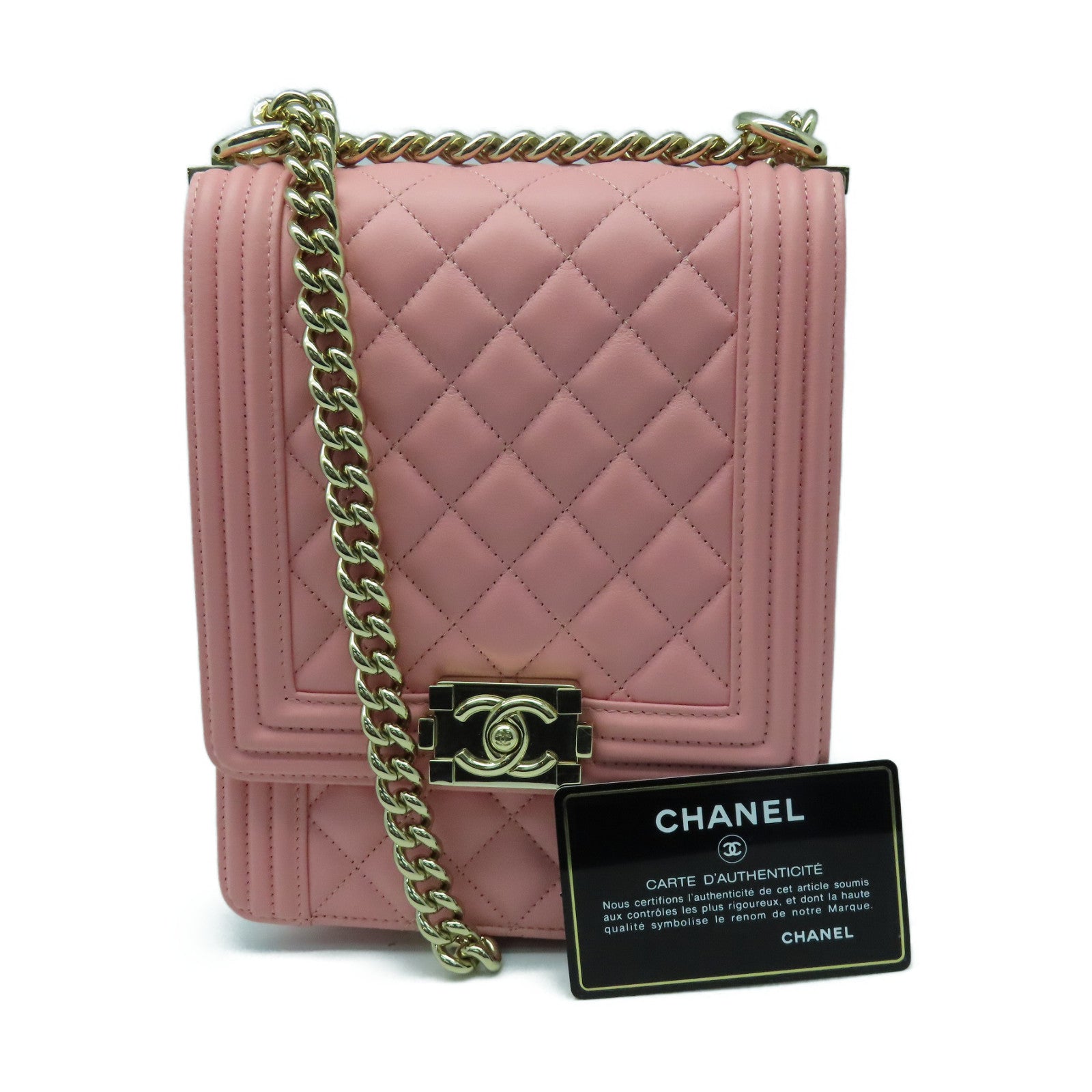 CHANEL 菱格羊皮皮革Boy Chain Shoulder Bag金扣链肩背袋粉红色