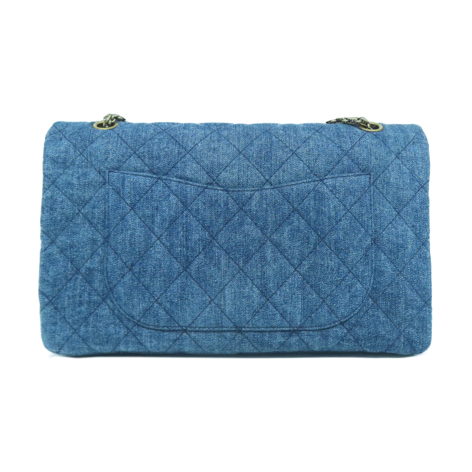 CHANEL 菱格牛仔布2.55金扣鏈帶肩背袋藍色