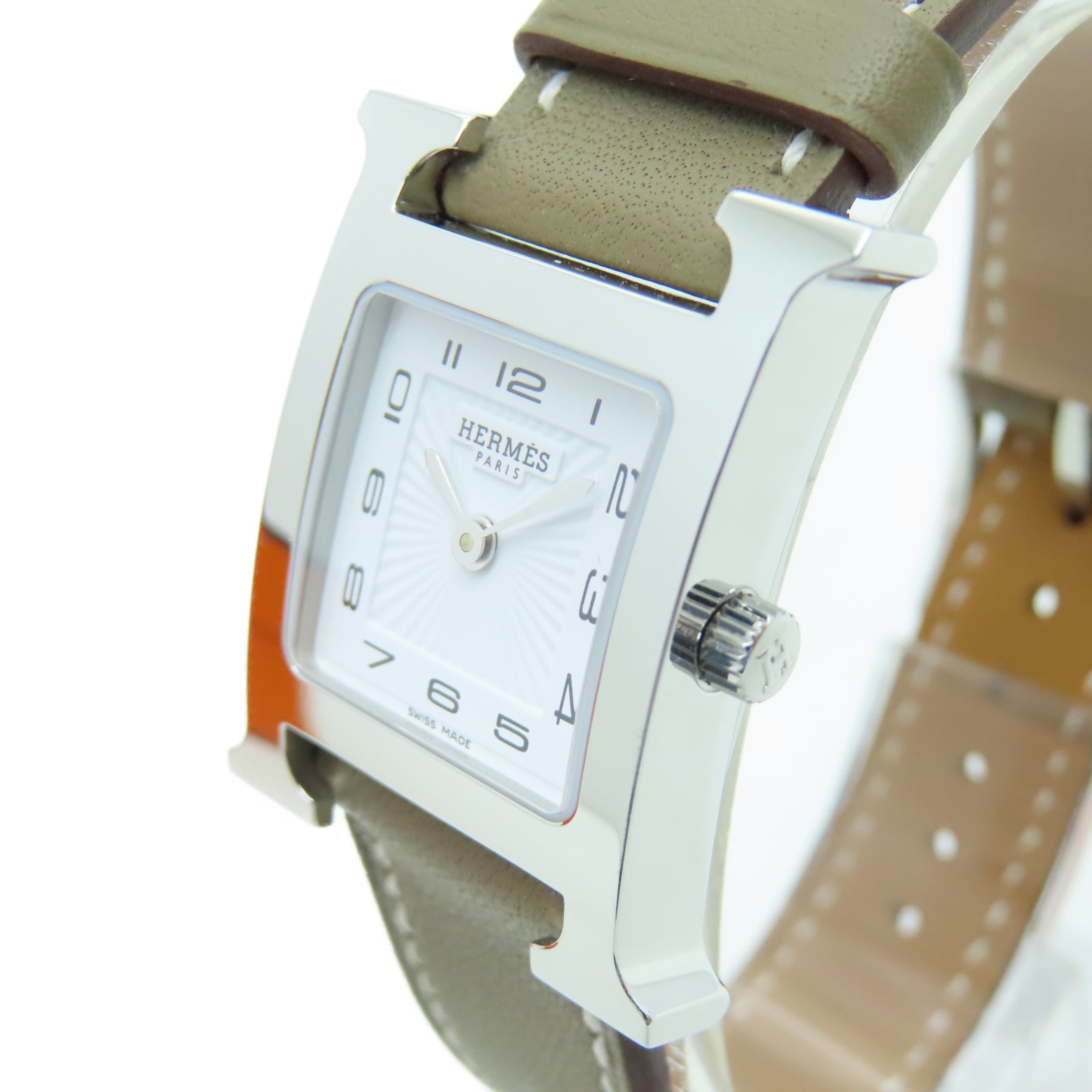 HERMES Heure H Watch Swift皮革/不锈钢手表石英机芯白色