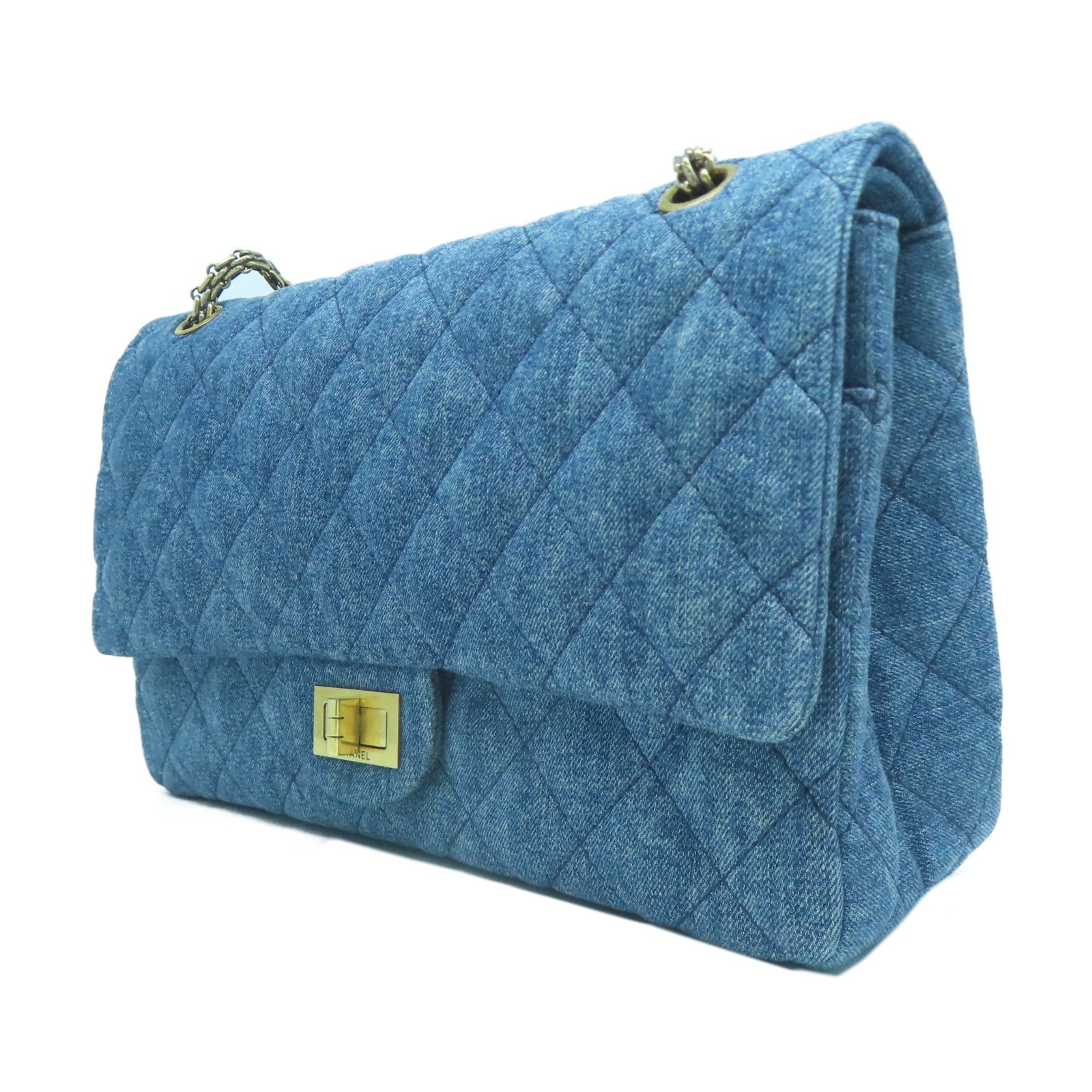 CHANEL 菱格牛仔布2.55金扣鏈帶肩背袋藍色