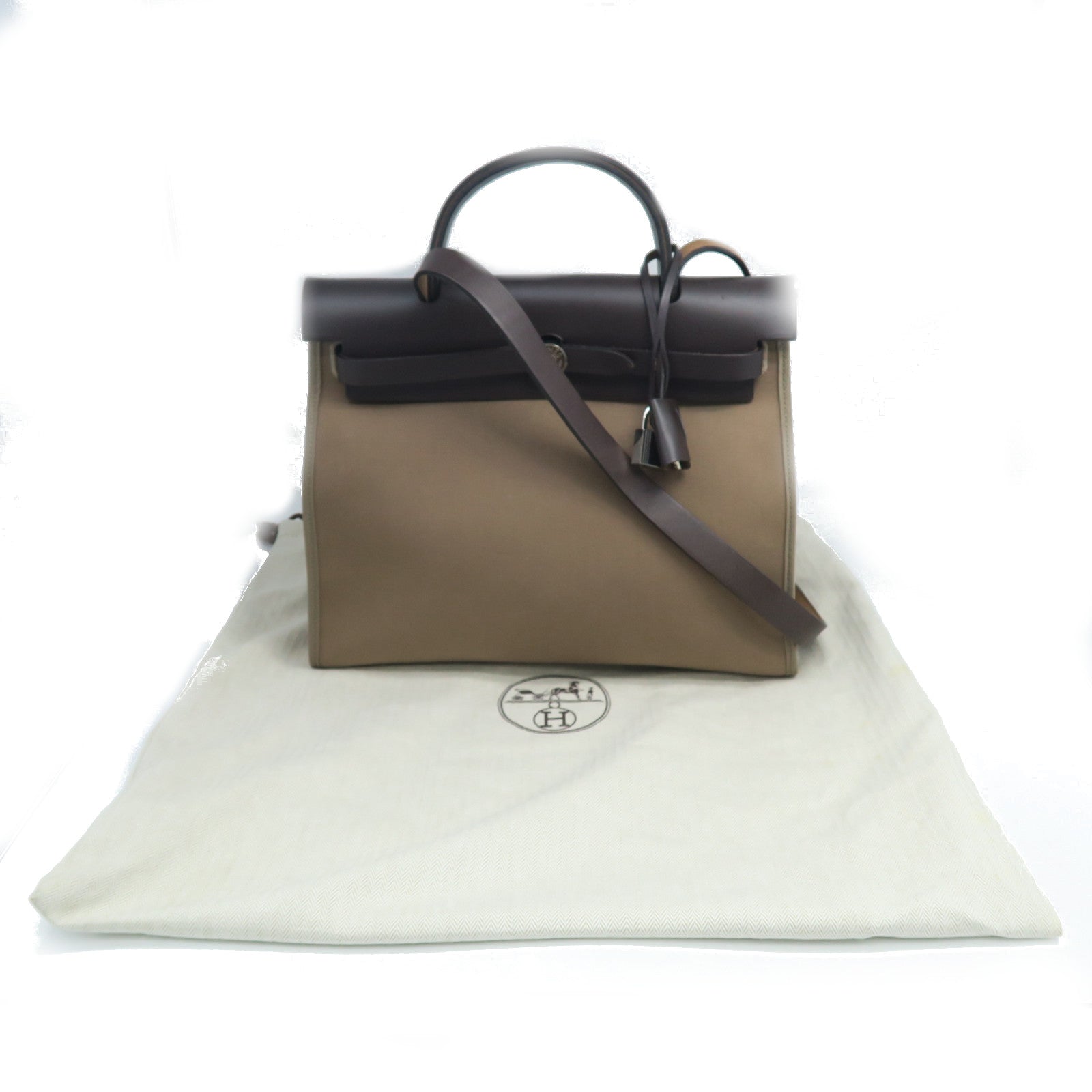 HERMES Canvas Herbag PM Silver Buckle Handle Shoulder Backpack Elephant Gray/Brown