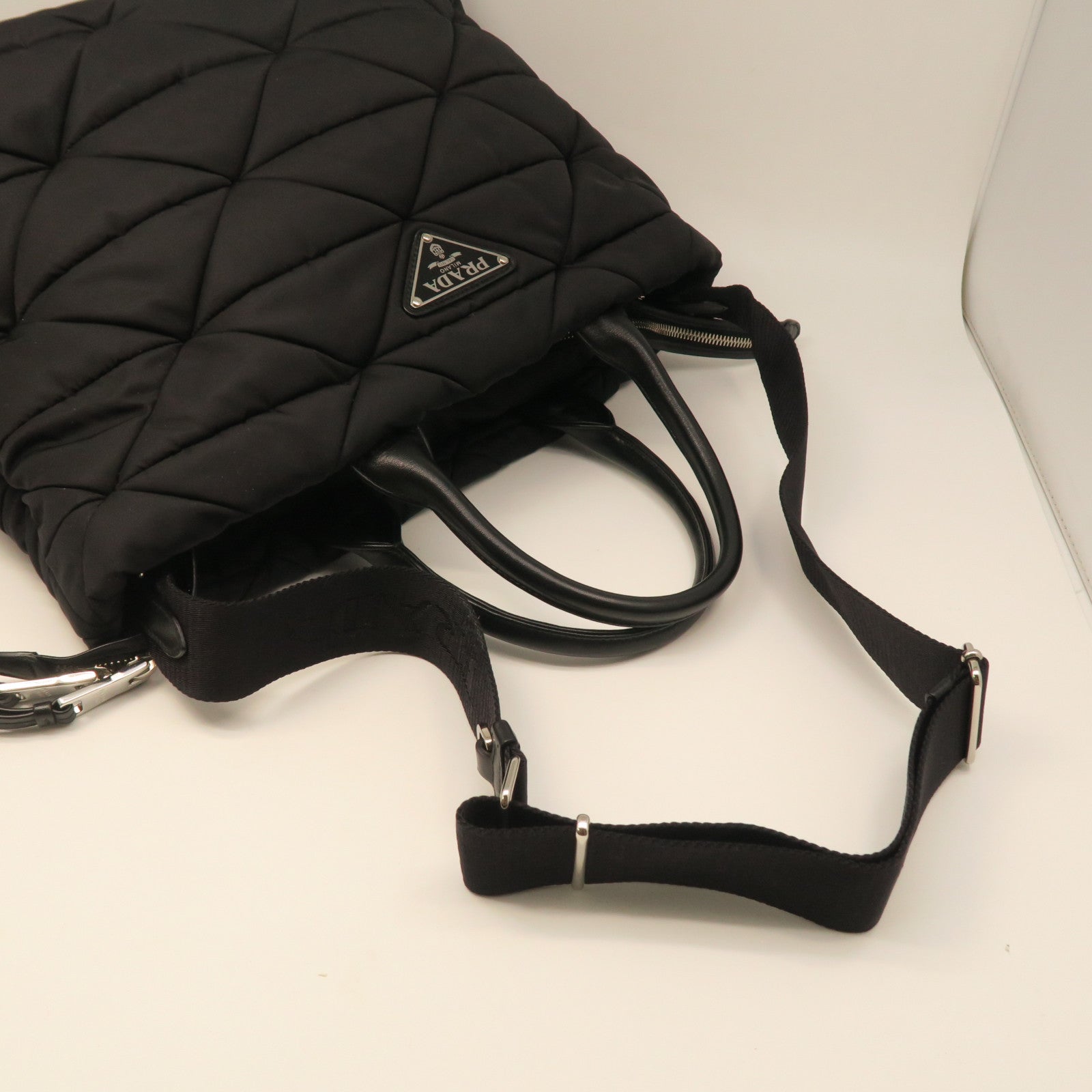 PRADA Rhombus Nylon Shoulder Bag Silver Buckle Handle Shoulder Bag Black
