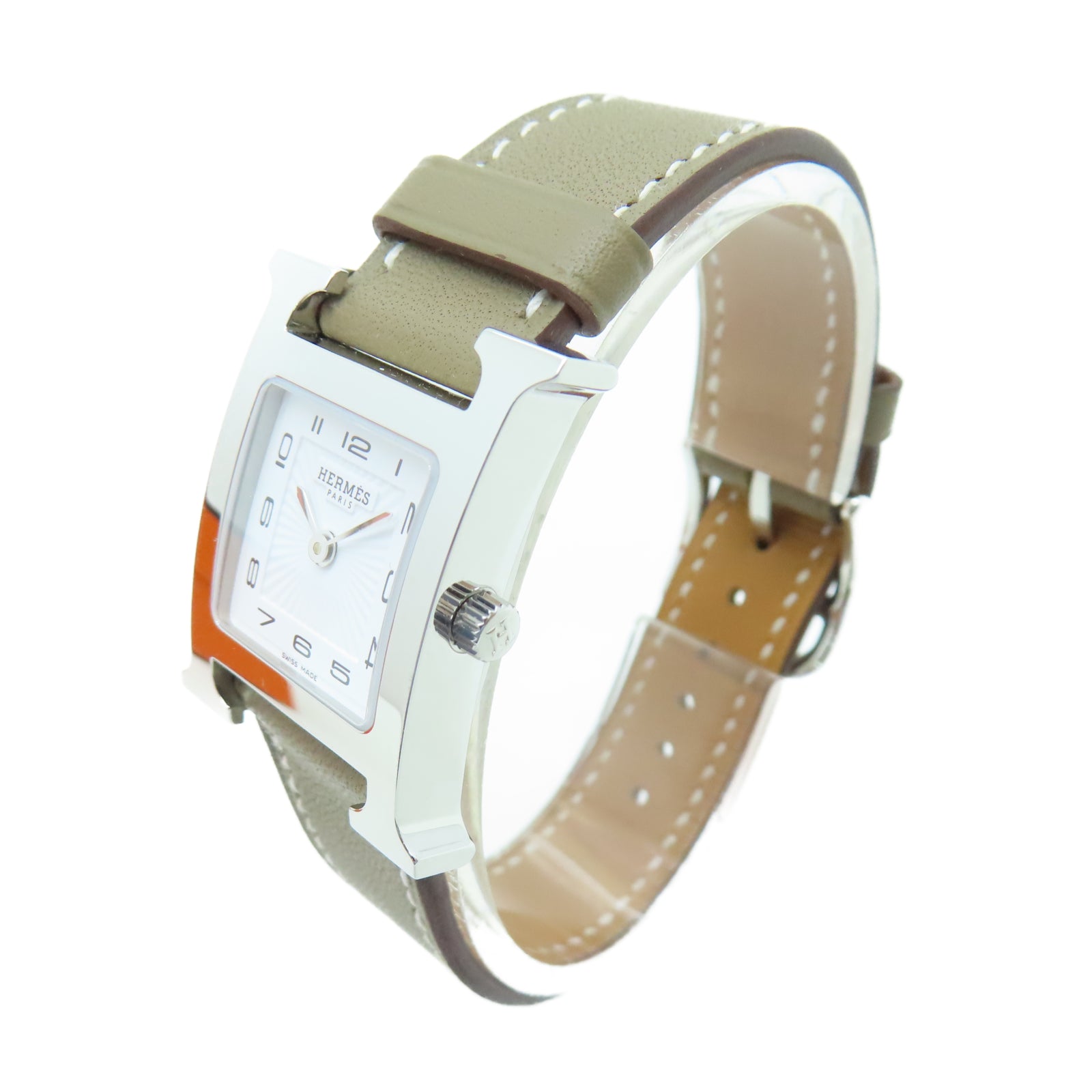 HERMES Heure H Watch Swift皮革/不锈钢手表石英机芯白色