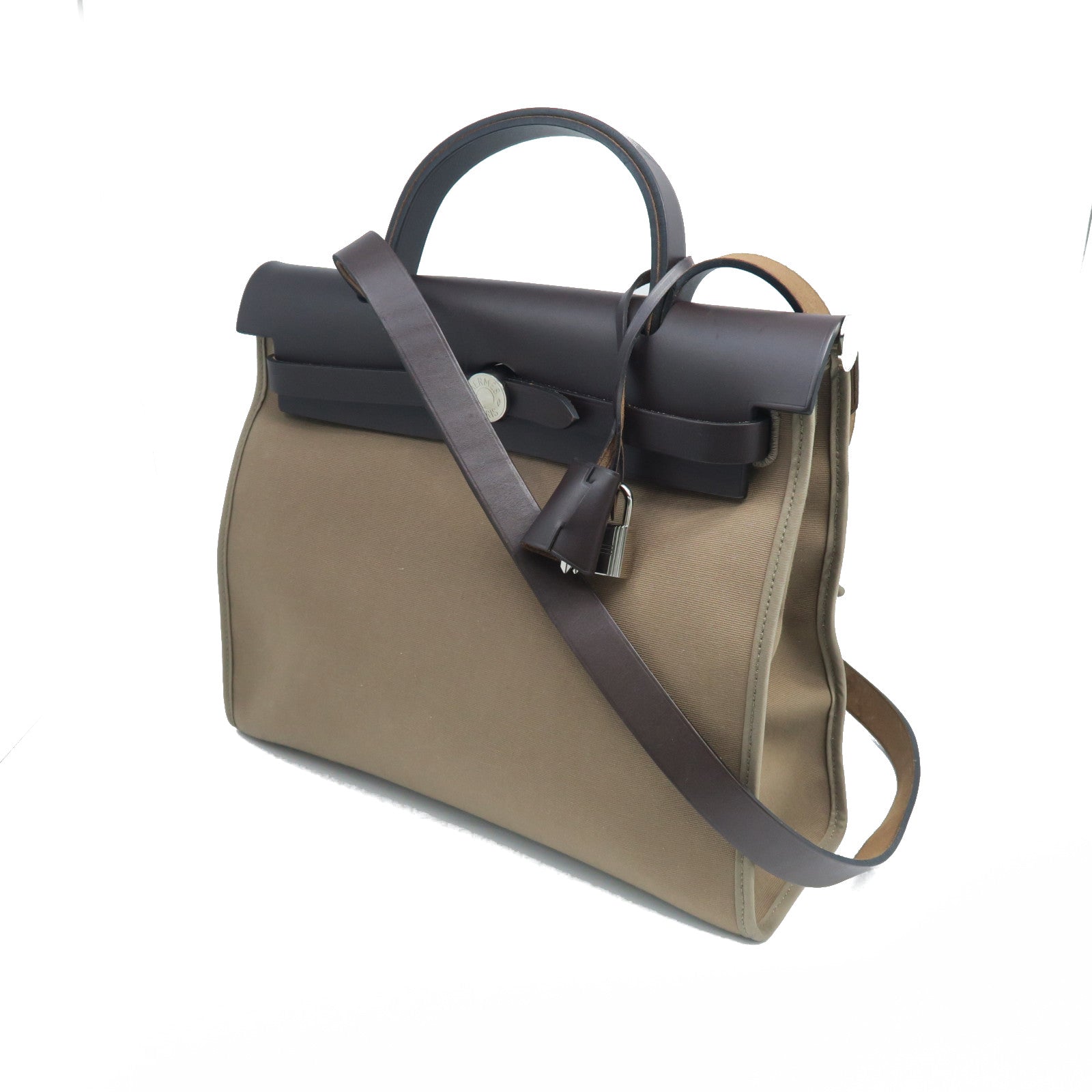 HERMES Canvas Herbag PM Silver Buckle Handle Shoulder Backpack Elephant Gray/Brown
