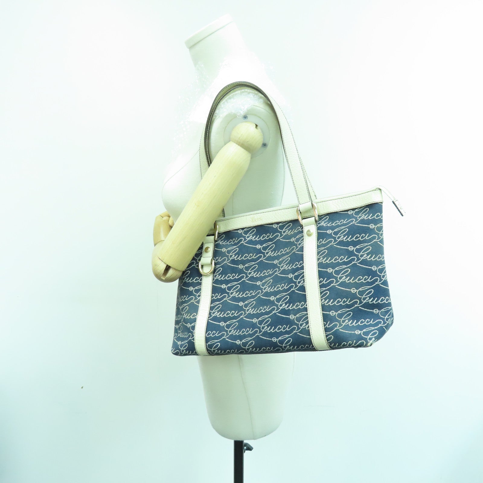 GUCCI 帆布Shoulder Bag銀扣肩背袋深藍色/白色