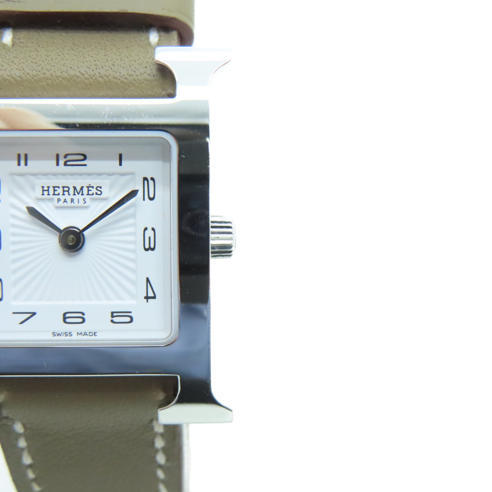 HERMES Heure H Watch Swift皮革/不锈钢手表石英机芯白色