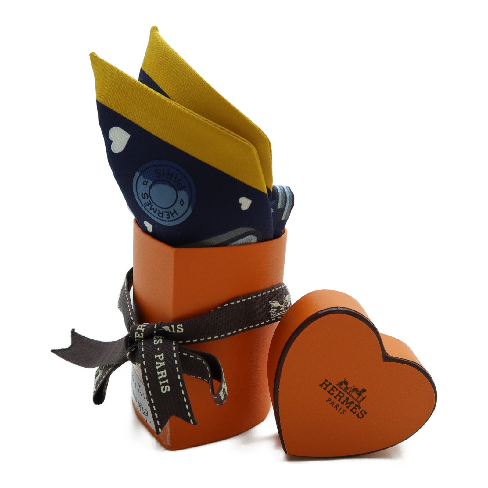 HERMES 絲質Valentine's Twilly絲巾藍色/黃色