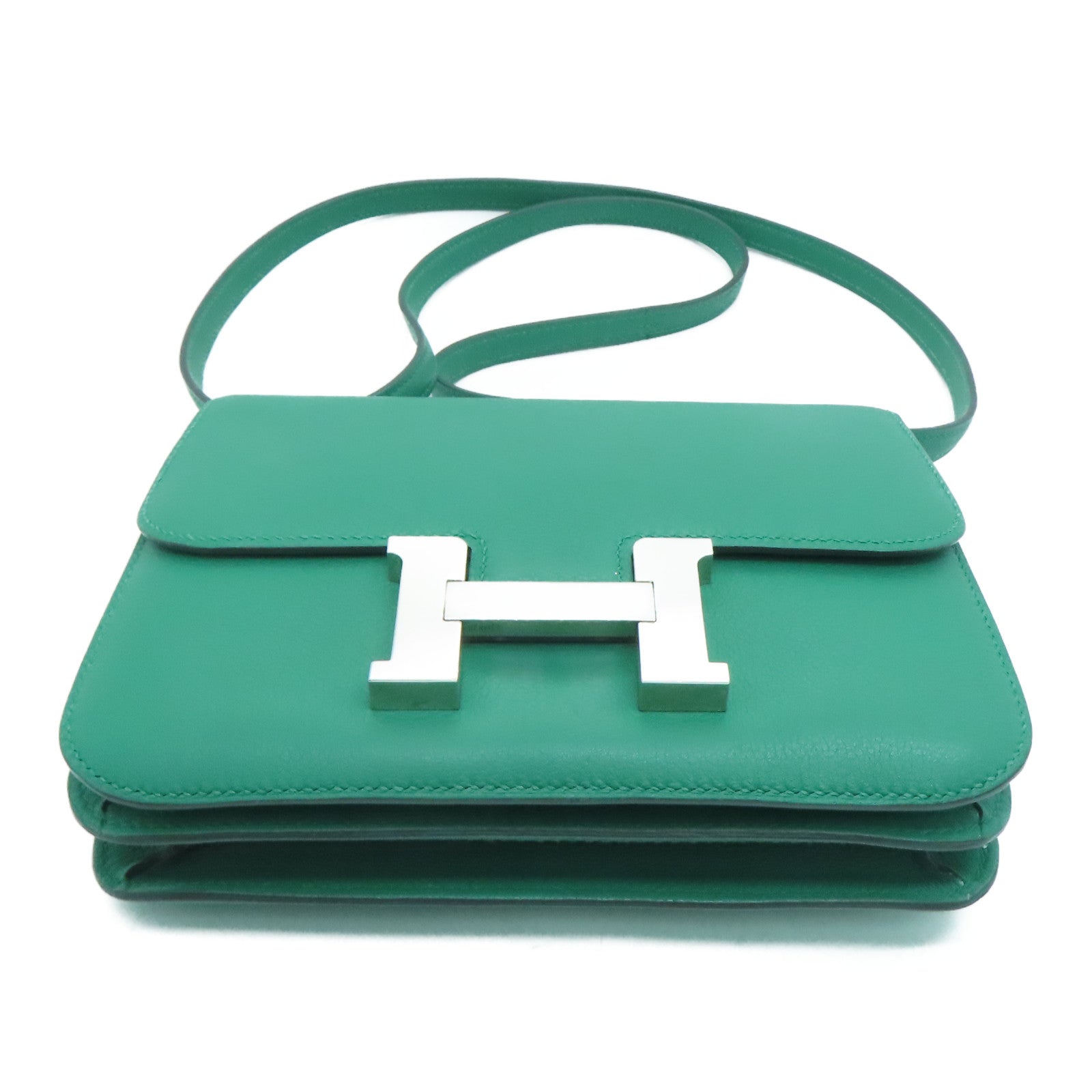 HERMES Evercolor皮革Mini Constance銀扣肩背袋Vert Vertigo絲絨綠色