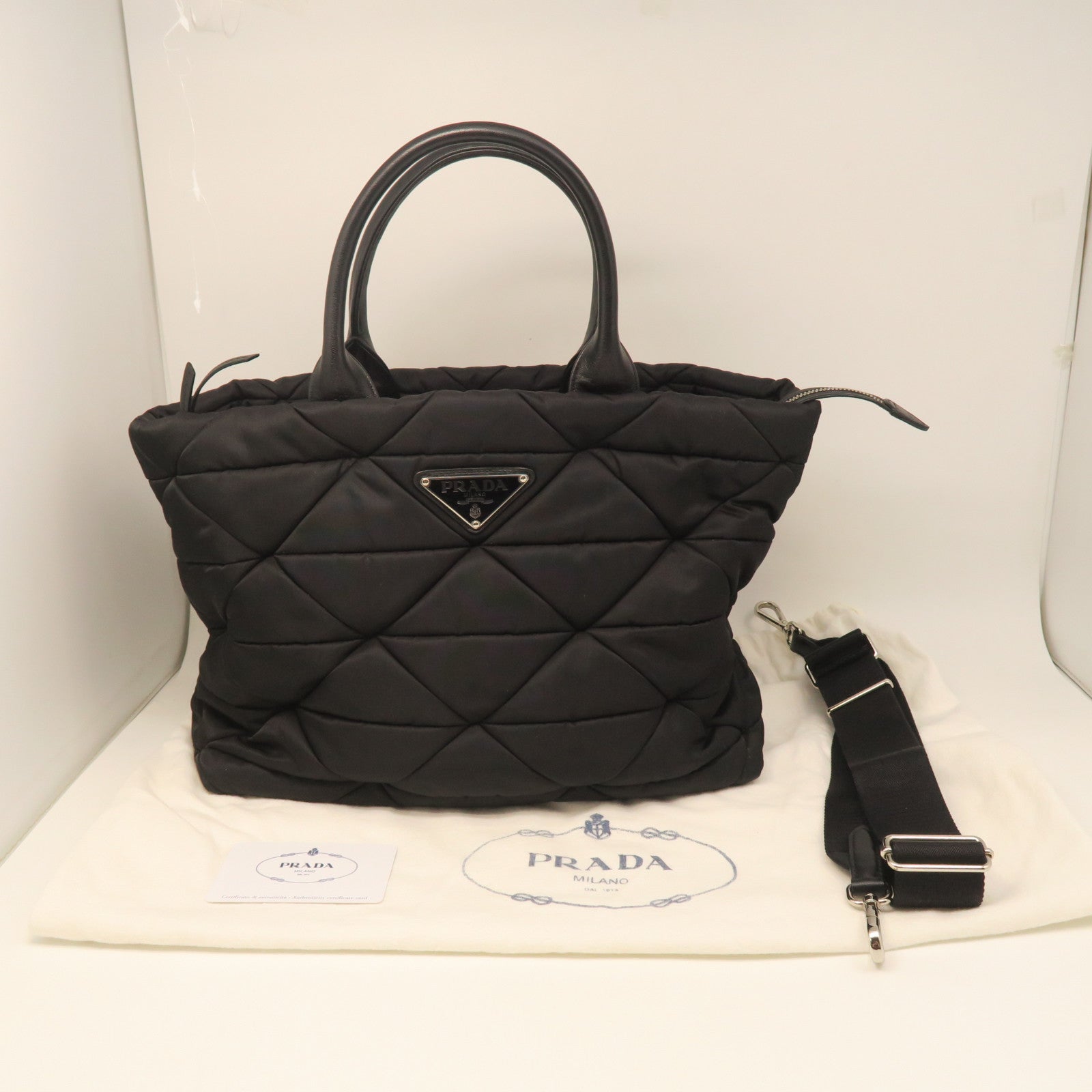 PRADA Rhombus Nylon Shoulder Bag Silver Buckle Handle Shoulder Bag Black
