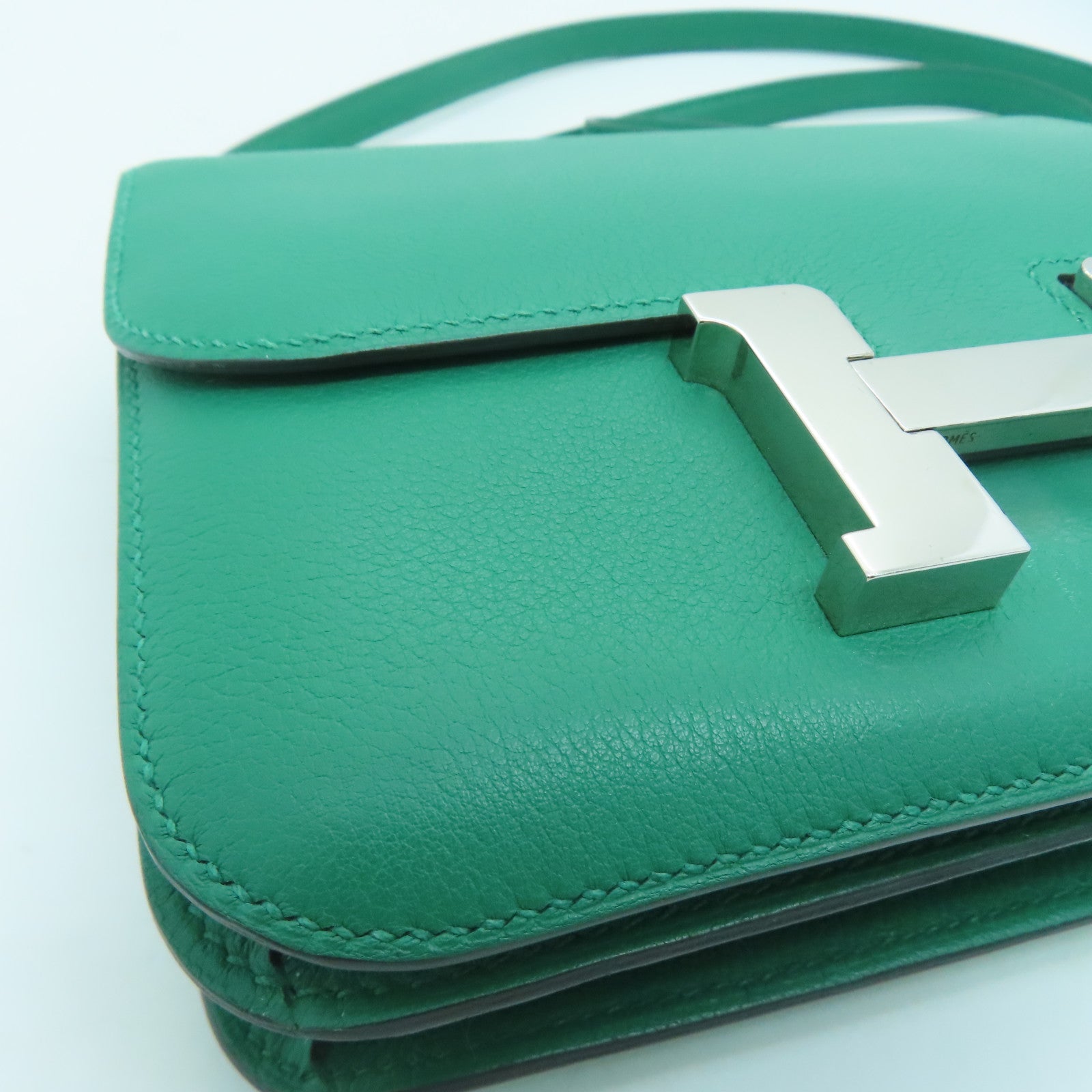 HERMES Evercolor皮革Mini Constance銀扣肩背袋Vert Vertigo絲絨綠色