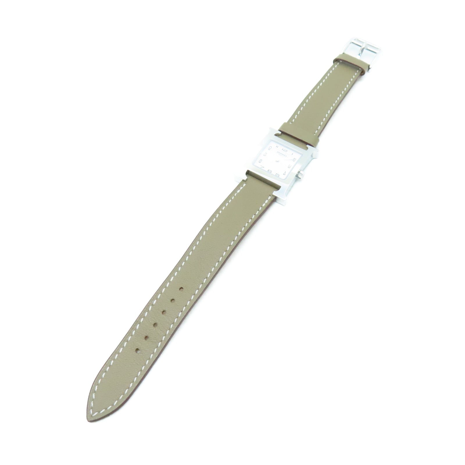 HERMES Heure H Watch Swift皮革/不锈钢手表石英机芯白色