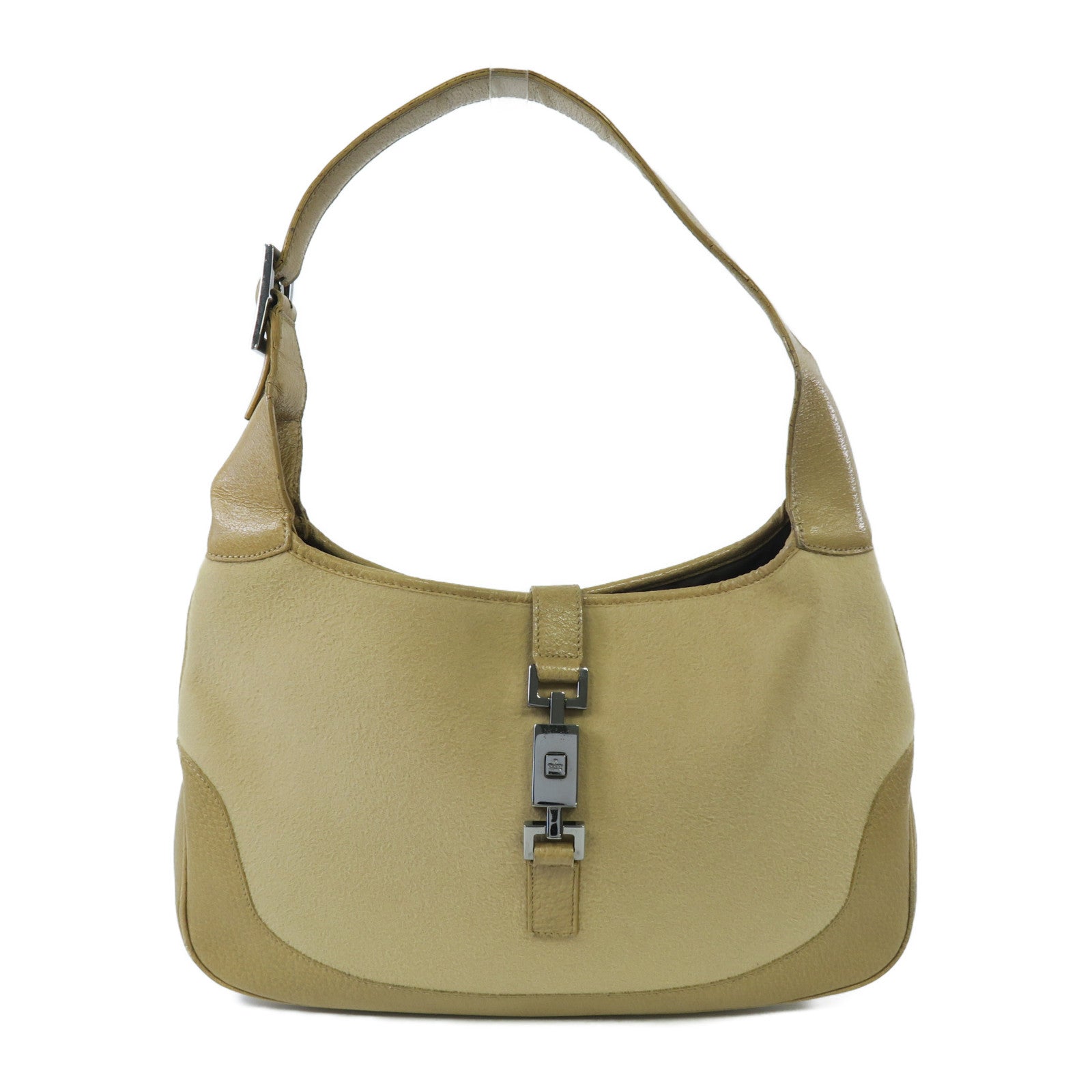 GUCCI 絨布/牛皮皮革Shoulder Bag銀扣肩背袋淺啡色
