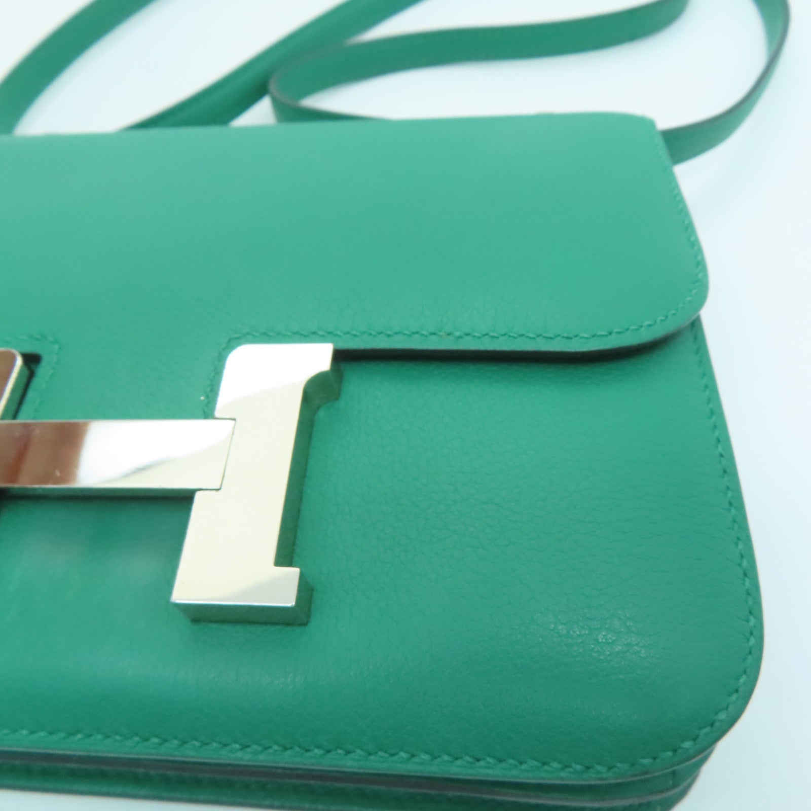 HERMES Evercolor皮革Mini Constance銀扣肩背袋Vert Vertigo絲絨綠色