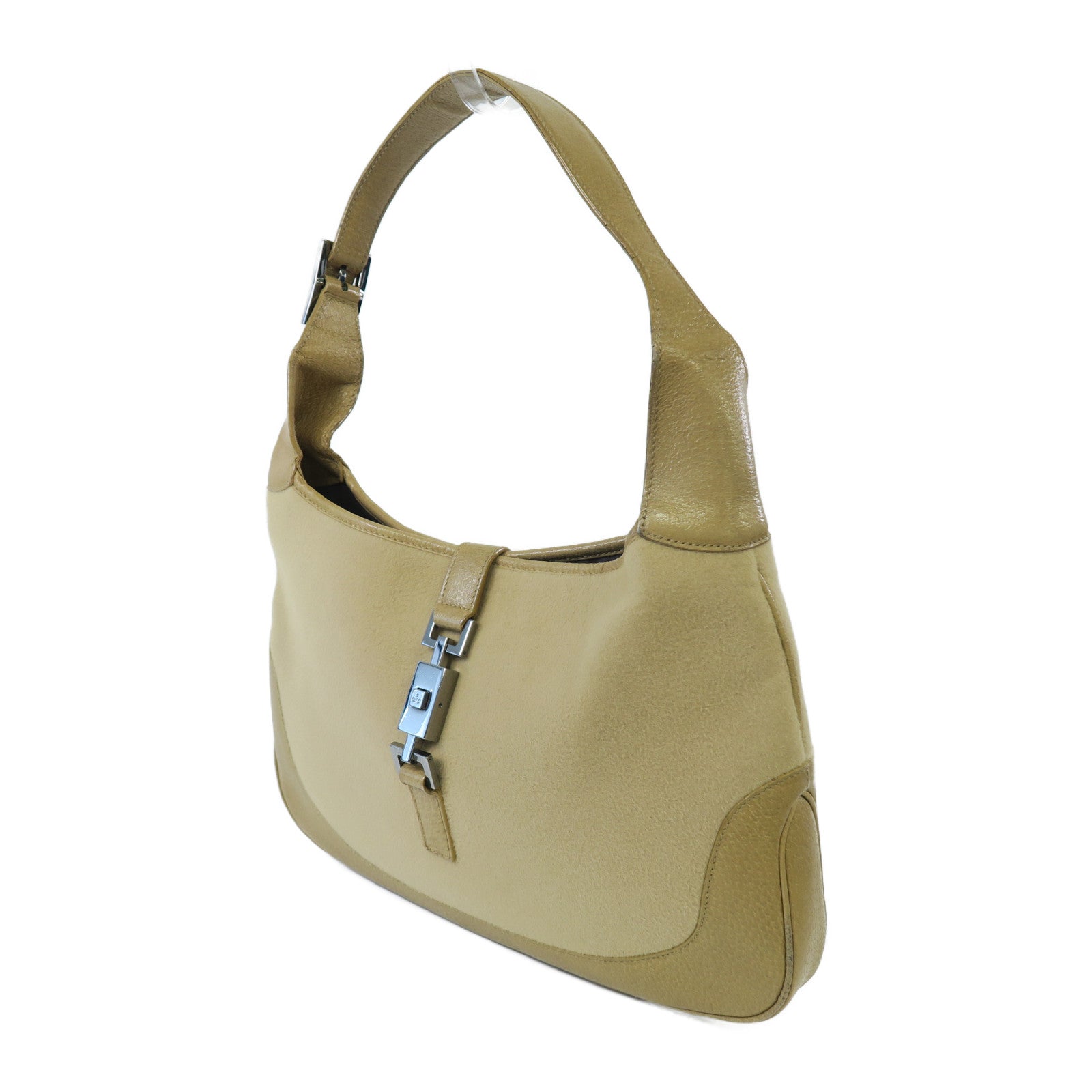 GUCCI 絨布/牛皮皮革Shoulder Bag銀扣肩背袋淺啡色