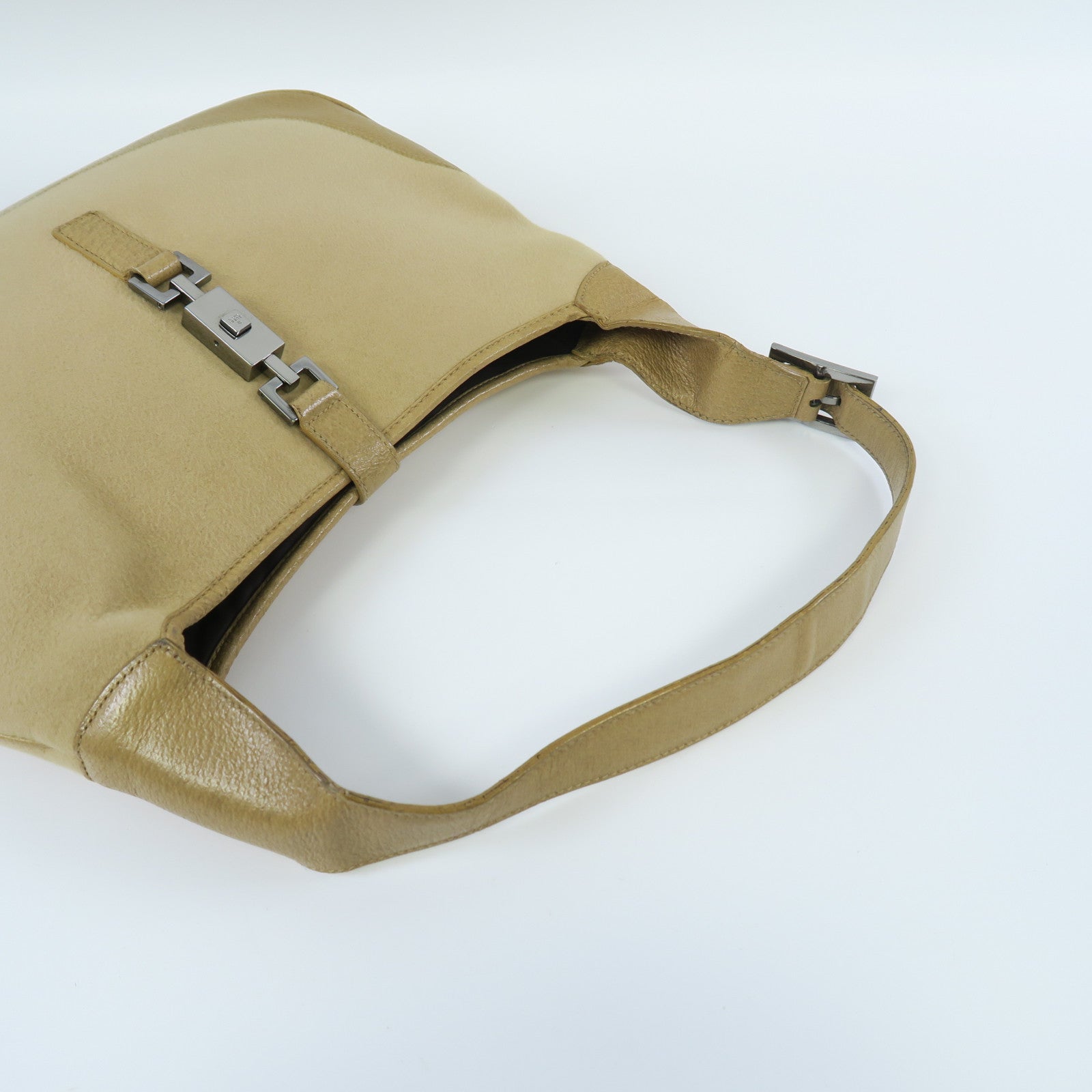 GUCCI 絨布/牛皮皮革Shoulder Bag銀扣肩背袋淺啡色