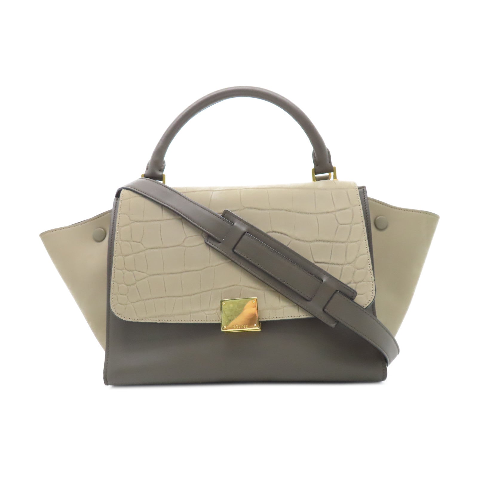 CELINE 牛皮皮革Trapeze金扣手挽肩背兩用袋灰色