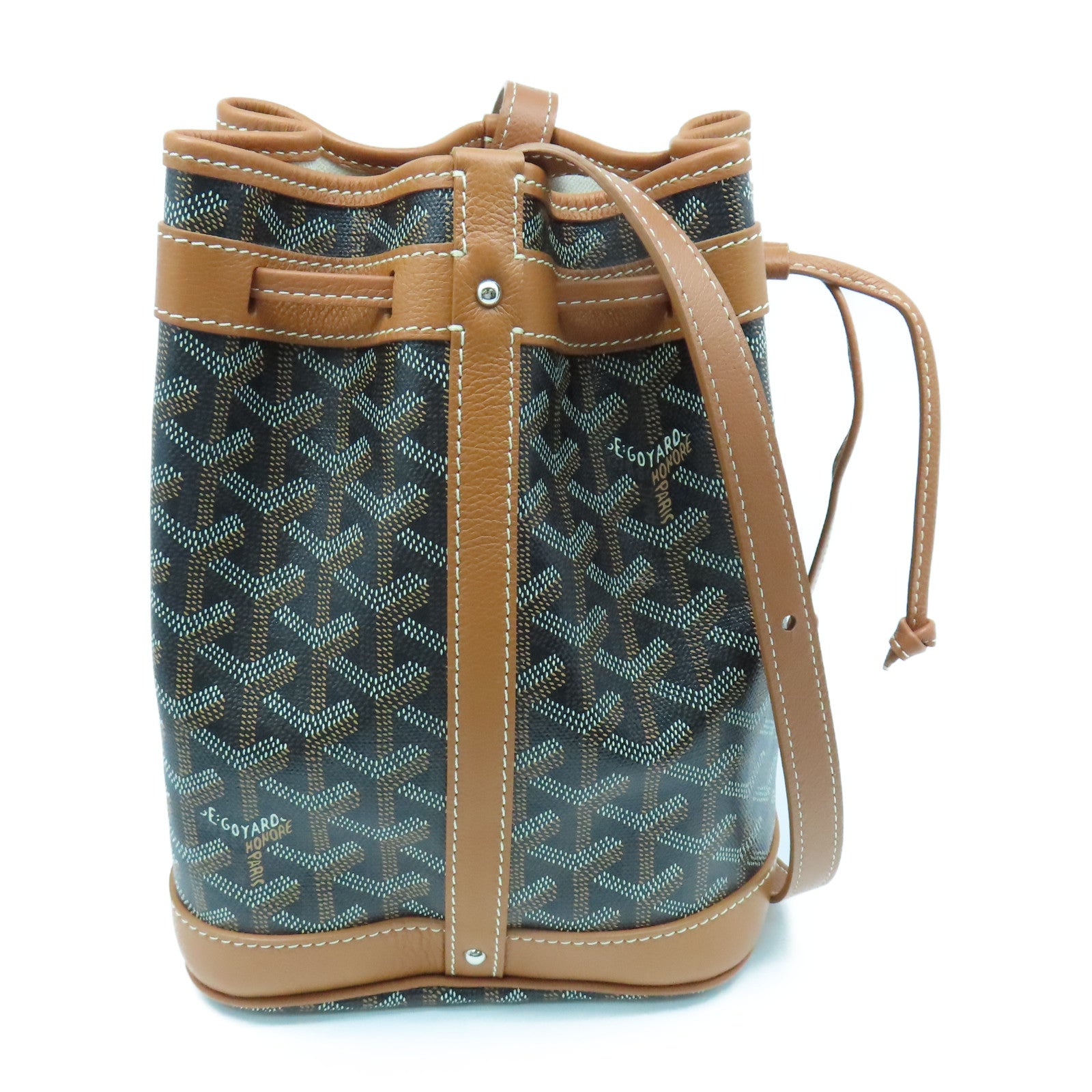 GOYARD 塗層帆布/牛皮皮革Petit Flot Bucket Bag銀扣肩背袋黑色/棕色