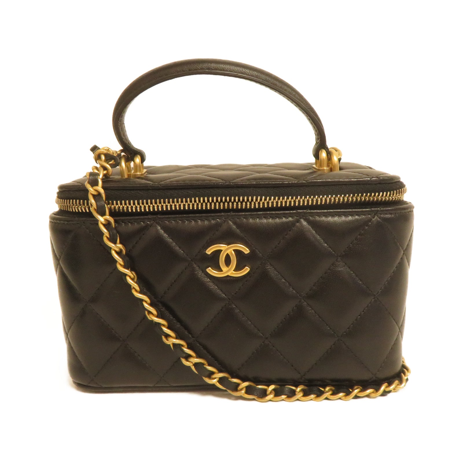 CHANEL 菱格羊皮皮革Chain Shoulder金扣鏈帶肩背袋黑色