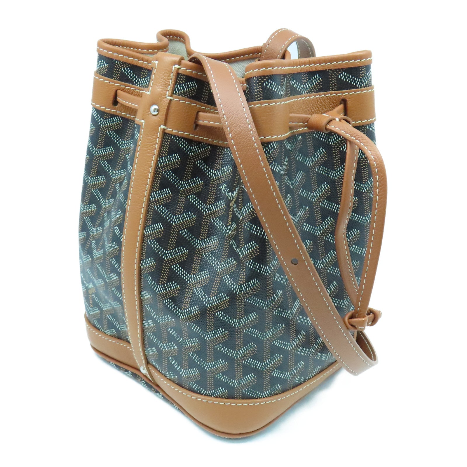 GOYARD 塗層帆布/牛皮皮革Petit Flot Bucket Bag銀扣肩背袋黑色/棕色
