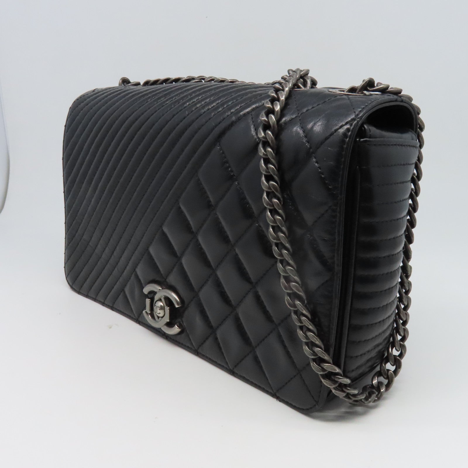 CHANEL 牛皮皮革Chain Shoulder銀扣鏈帶肩背袋黑色