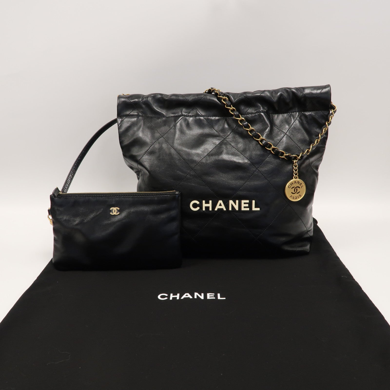 CHANEL 菱格羊皮皮革C22 Small金扣鏈帶肩背袋黑色
