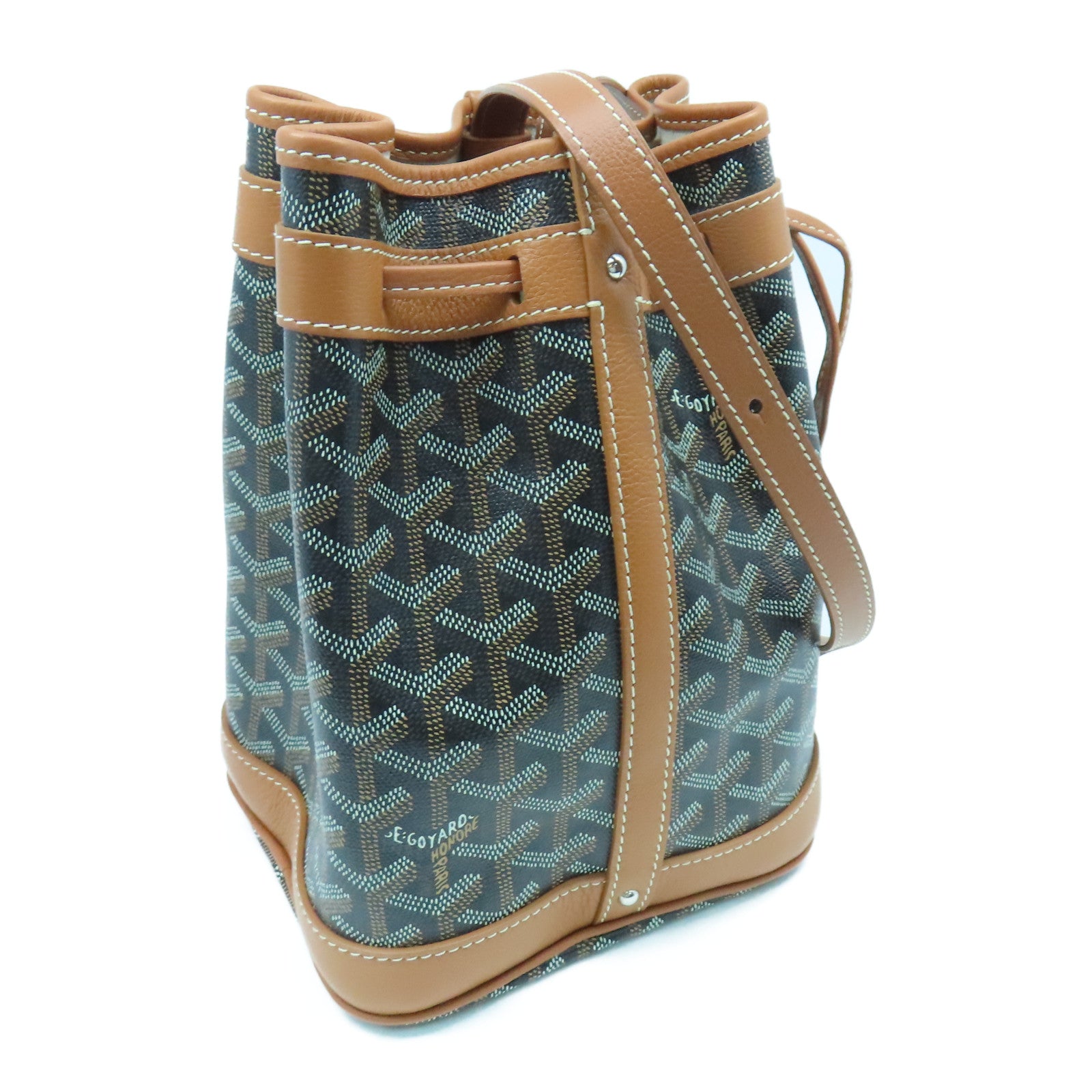 GOYARD 塗層帆布/牛皮皮革Petit Flot Bucket Bag銀扣肩背袋黑色/棕色